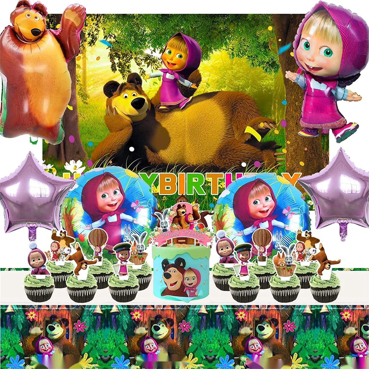 CASTANA M-a-s-h-a and The Bear Party Decorations for Boys Girls Includes Cake Topper, Cupcake Toppers, Tablecloth, Pentagram Foil Balloons, Round Girl Balloon, Balloon