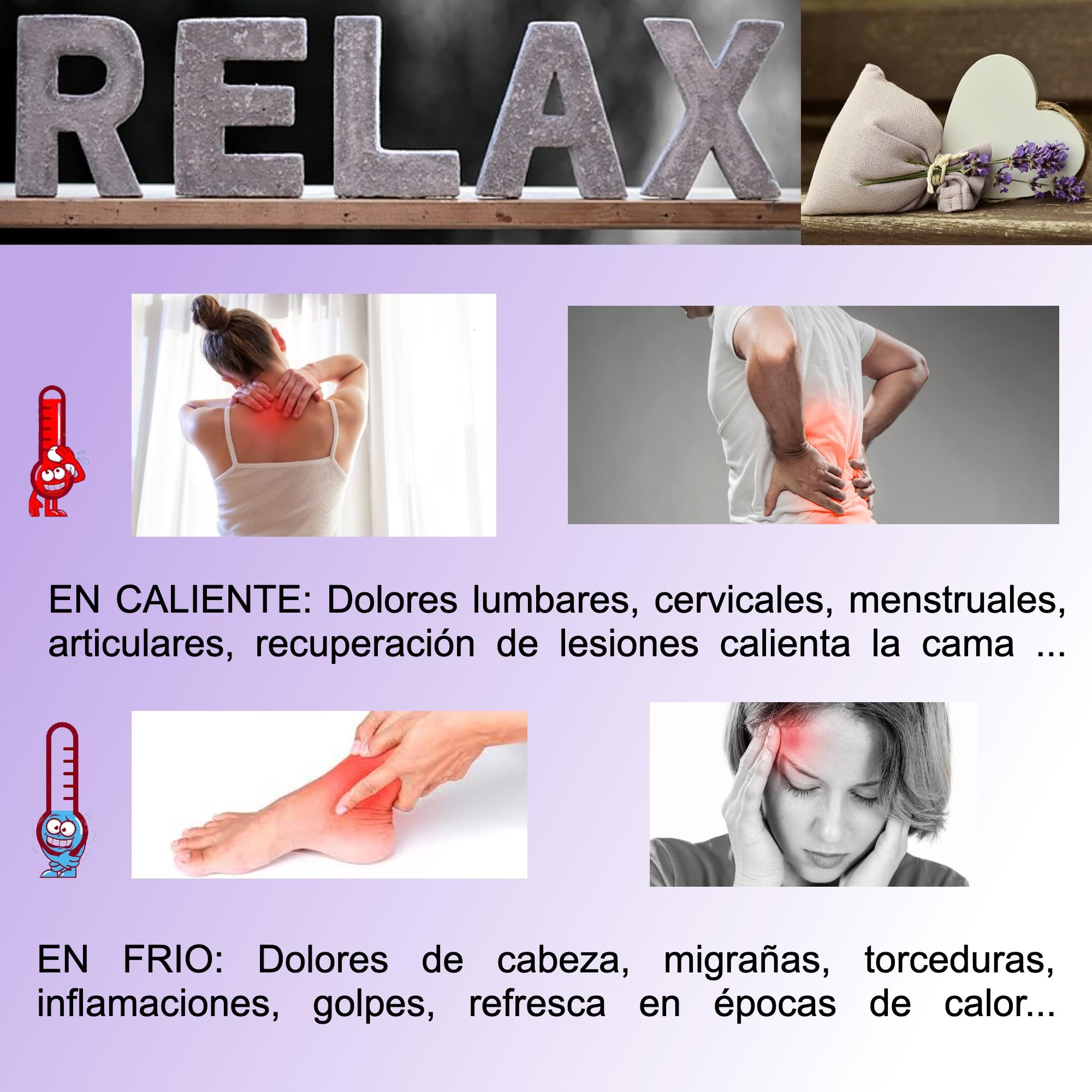 Saco de Semillas Termico 45x14 cm –Saquito Térmico Cervical con Lavanda– Bolsa Térmica de Calor y Frío – Saquito de semillas para Cuello/Espalda -Almohadilla Alivio Dolor Menstrual (PUNTOS)