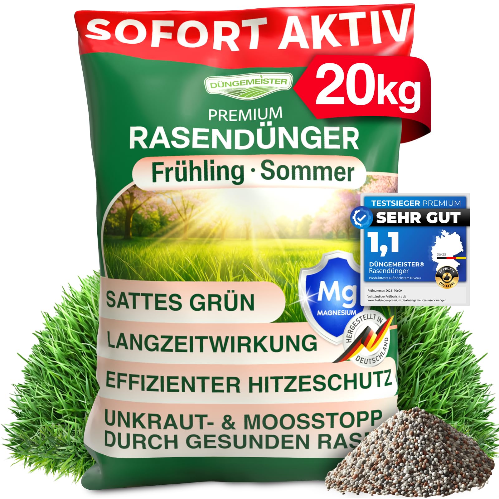 DÜNGEMEISTER Rasendünger für Ihren sattgrünsten Traumrasen - gesunder, dichter und sattgrüner Rasen sofort mit revolutionärer KI Formel - Langzeit NPK/Organisch Frühjahr/Sommer (20 kg)