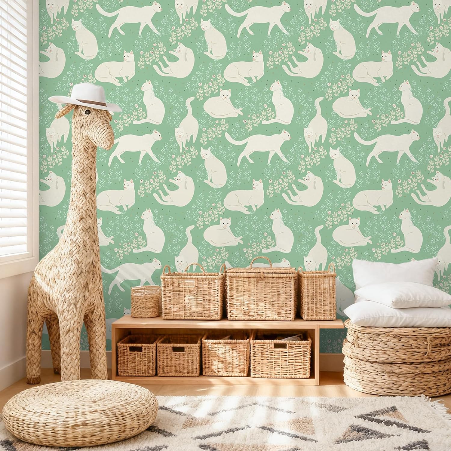 VEELIKE Green Feline Peel and Stick Wallpaper Chic White Cat Wallpaper for Nursery Kids Room Wall Decor 17.7''x118'' Self Adhesive Removable Animal Wall Paper Green Cat Contact Paper for Walls Shelves