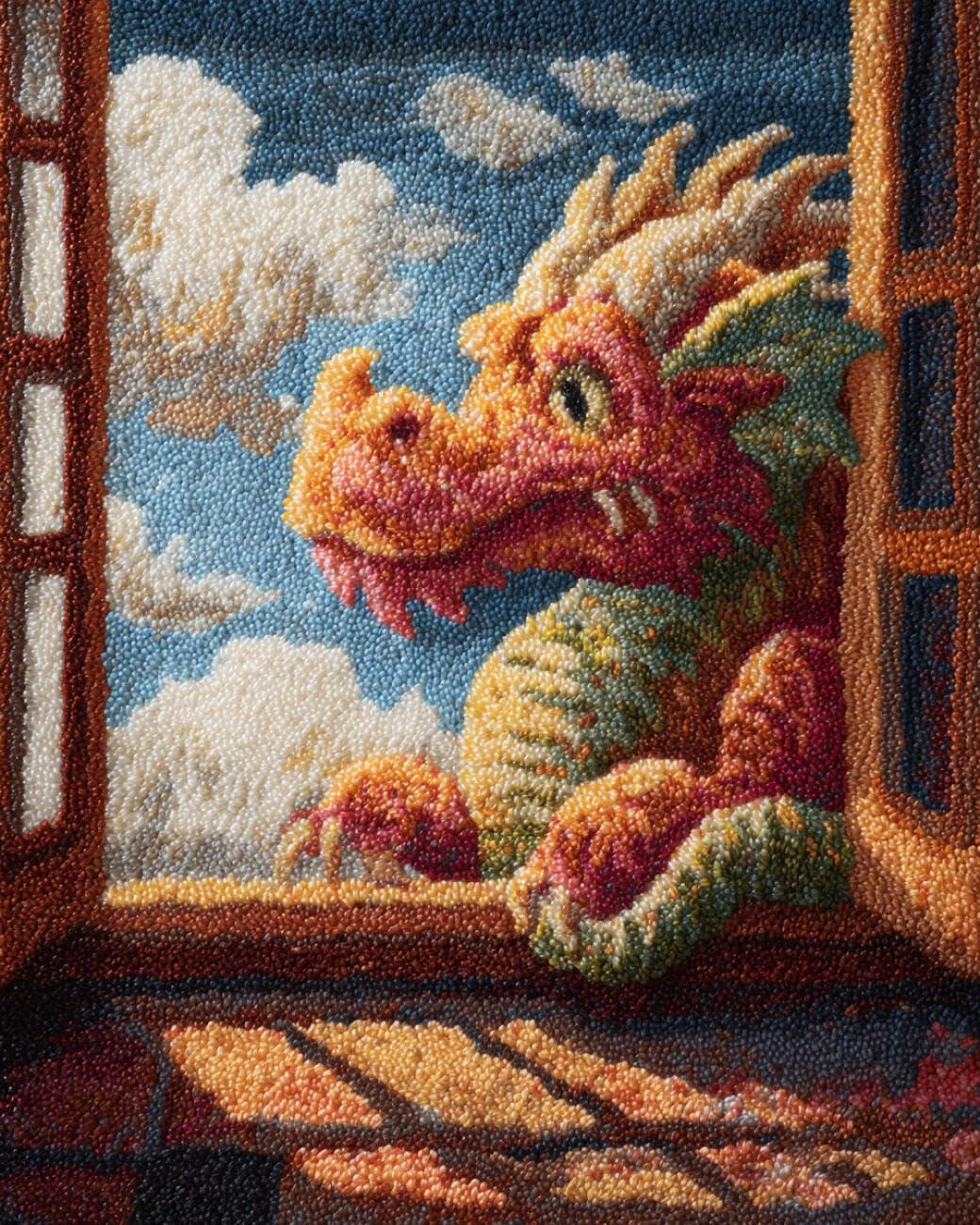 AMBATTERY Latch Hook Tapestry Kit Dragon on the windowsill 60x40cm