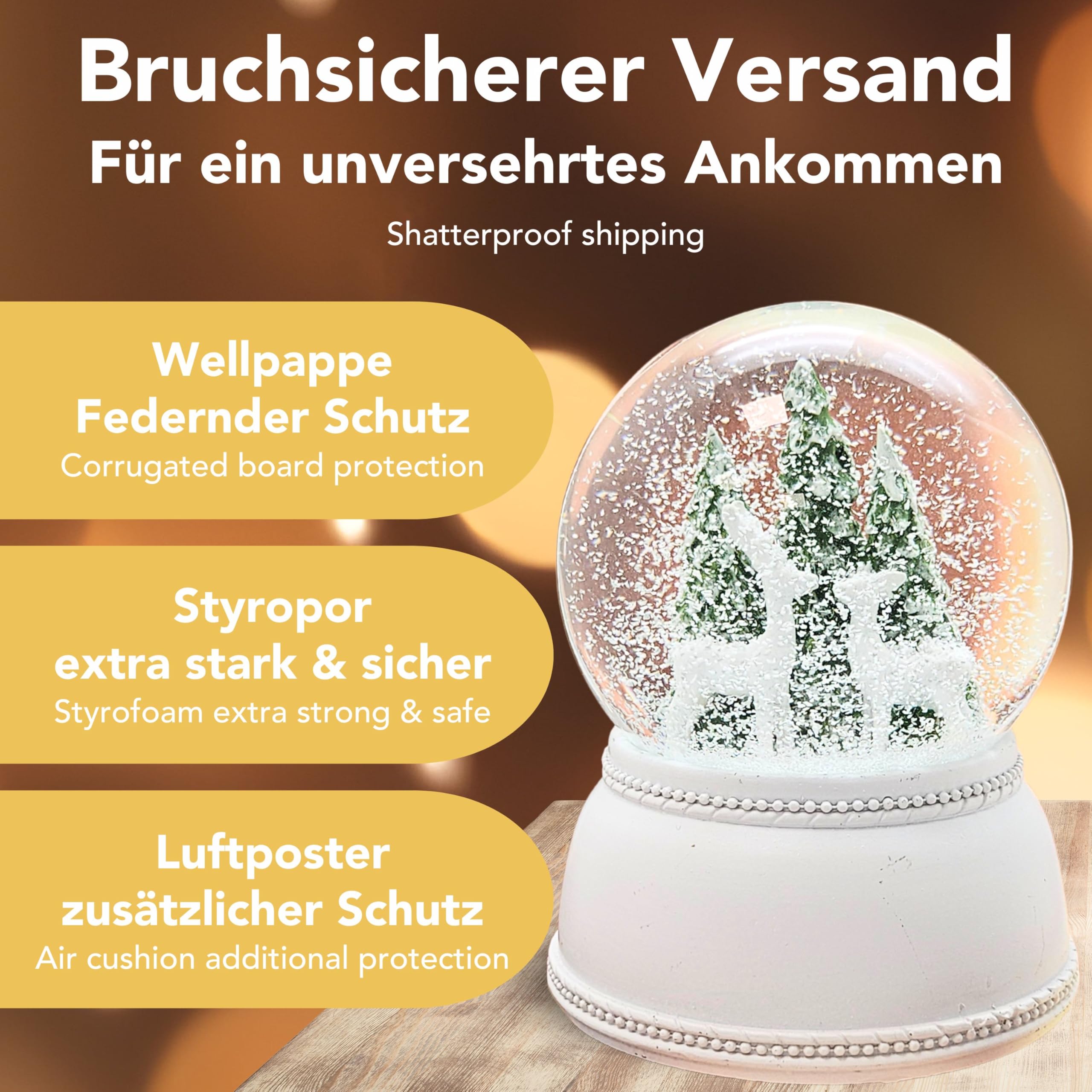 Schneekugel Rehe weiß Tannenbaum | Sockel Nostalgie weiß | mit Spieluhr | Schüttelkugel Weihnachtsdekoration | B: 10 cm H: 13 cm | 20254