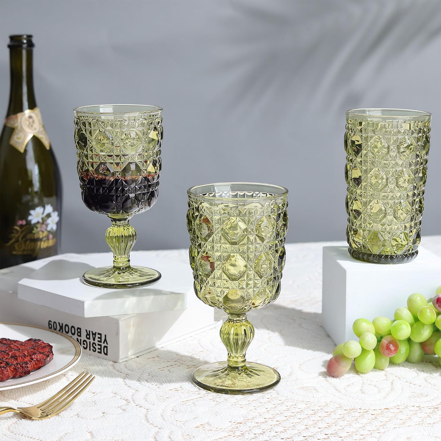 Joeyan Green Wine Glasses,Vintage Glass Wine Goblet,Embossed Colored Gemstone Stemmed Drinking Glasses,Glassware for Christmas Party Wedding,10 oz,Set of 4, Dishwasher Safe - Image 4