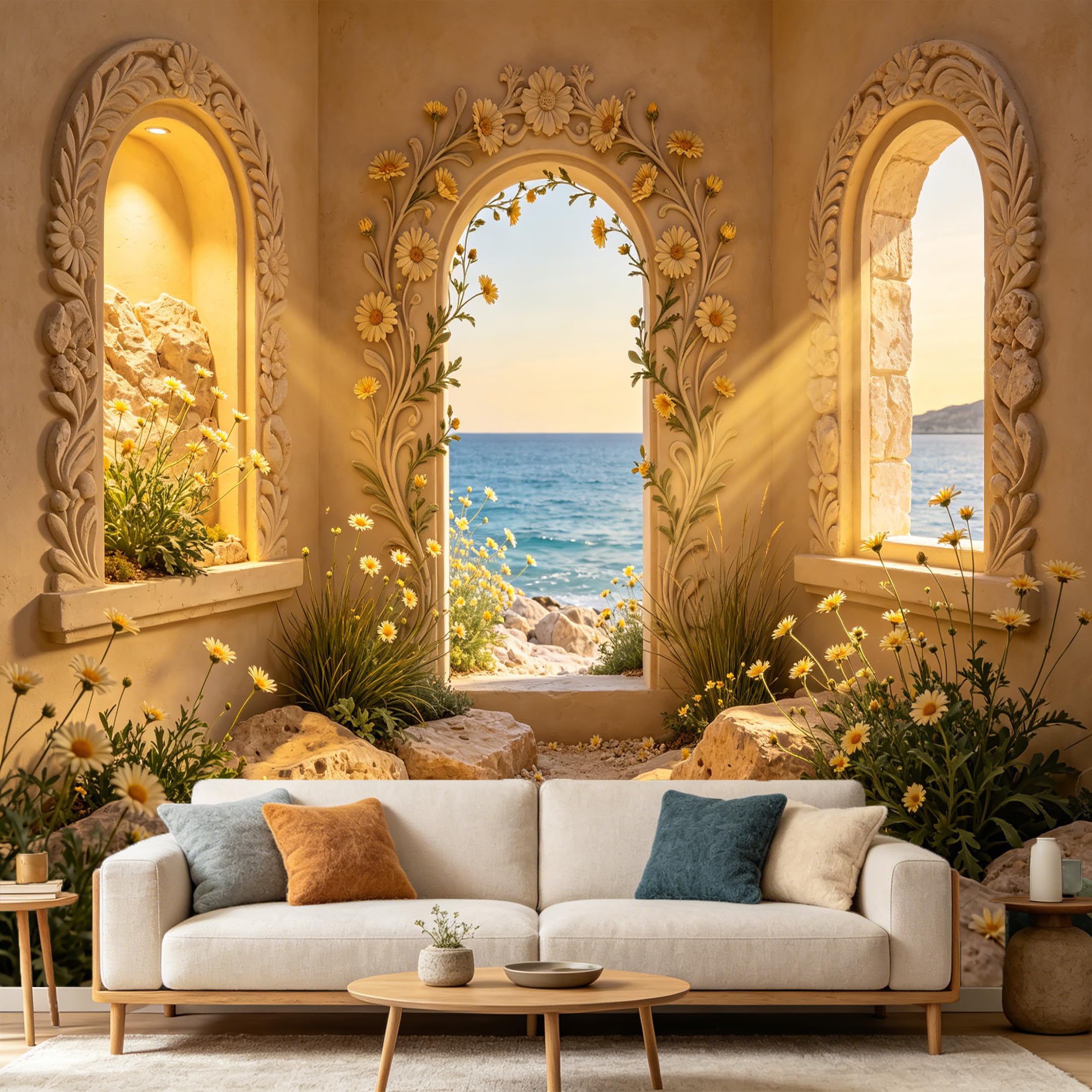 Custom Size Wall Mural， 3D Coastal Stone Archway Ocean View with Yellow Floral Botanical Decor， SelfAdhesive Art Prints wall Fabric Removable Large Wallpaper Home Living Room Decor