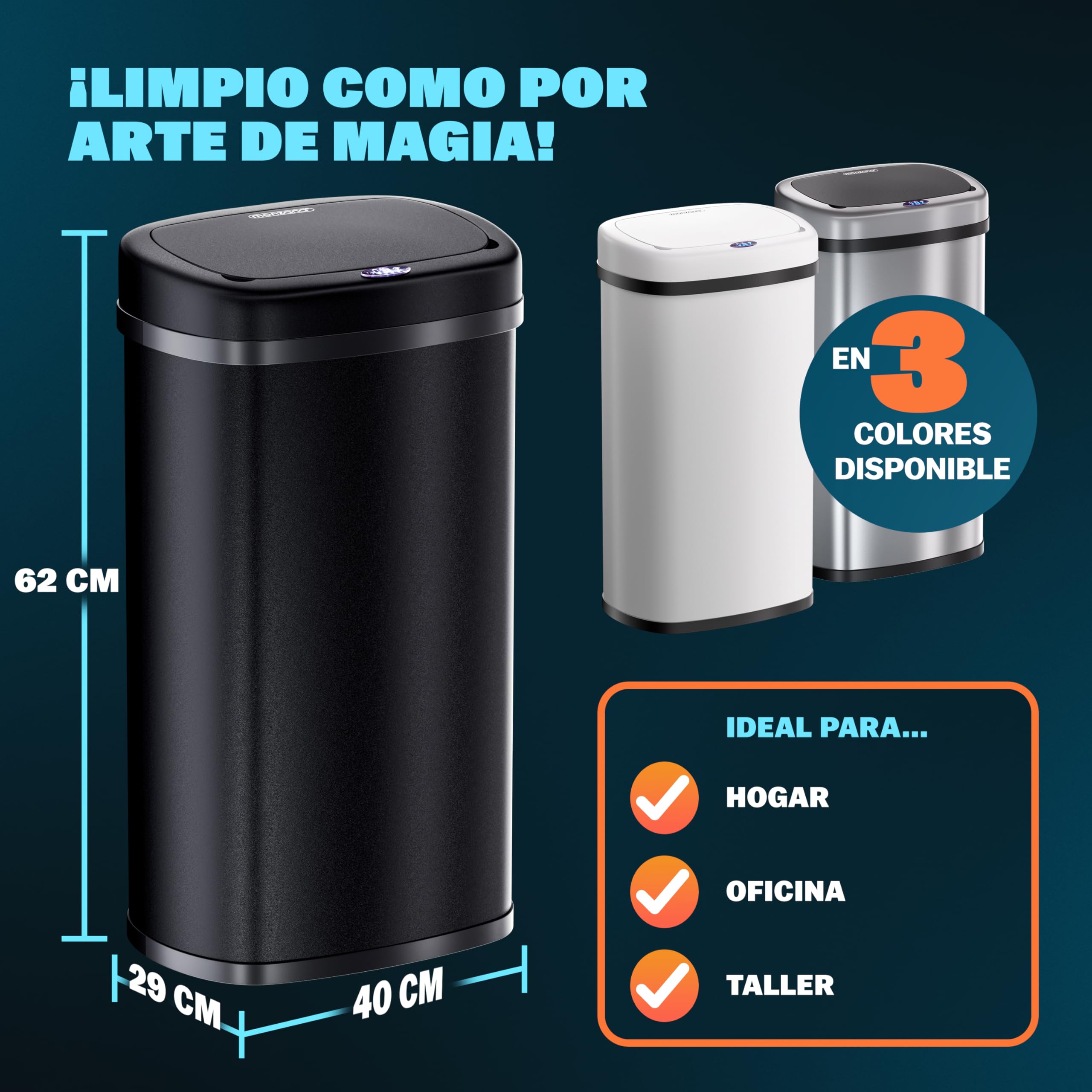 Monzana® Cubo de Basura Sensor Cocina 50L Acero Inoxidable Tapa Automática Extraíble Anillo Seguridad incl. Cable USB Indicador LED Casa Oficina Negro