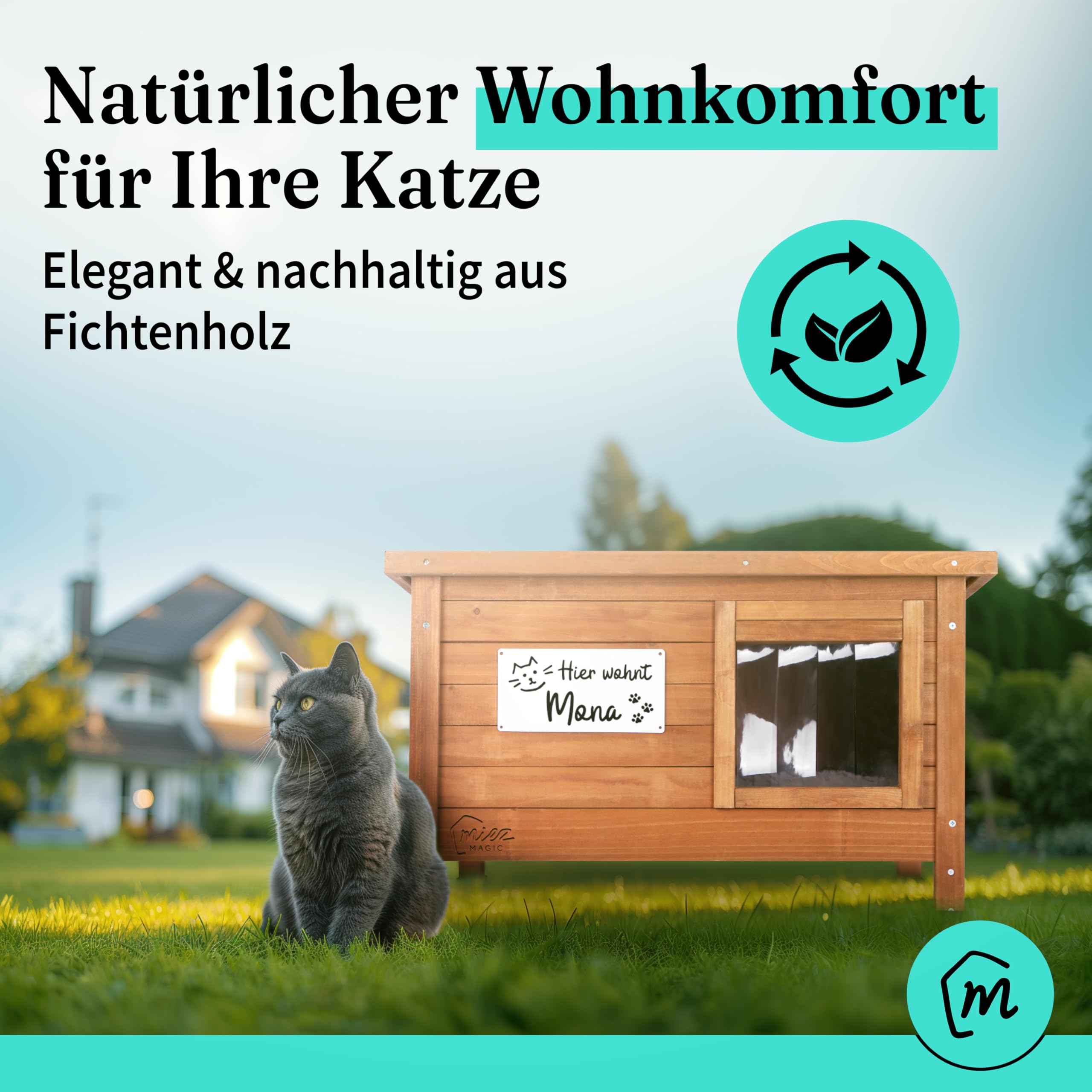 Katzenhaus Outdoor Winterfest isoliert - Robustes Katzenhaus für draussen aus Fichtenholz - Wasserdicht & isoliert mit Dachscharnier - Komfort Katzenhütte inkl. Katzenkissen 67x53x43cm