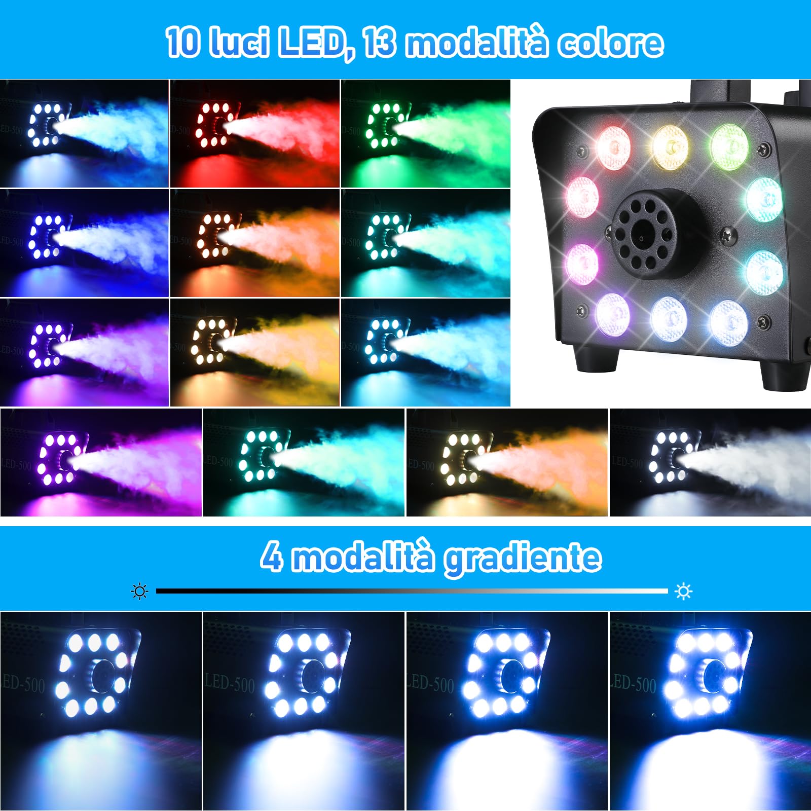 Macchina del Fumo 500W, Automatica, Telecomando Wireless, Portatile, 13 Colori LED RGB per Halloween