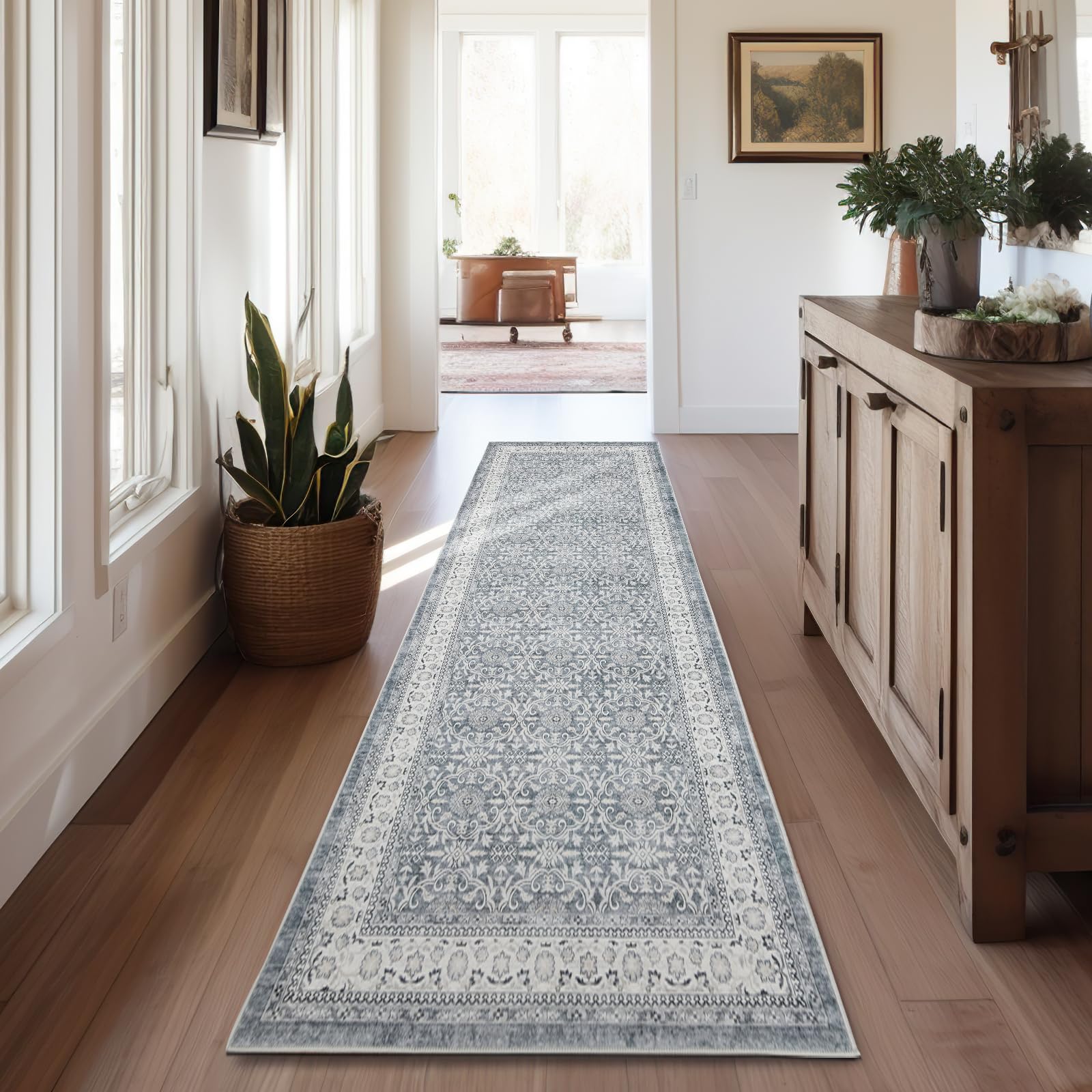 Photo 1 of jinchan Runner Rug 2x10 Kitchen Rug Vintage Hallway Rug Washable Runner Rug Non Slip Floral Print Soft Rug Boho Rug Bathroom Laundry Room Bedroom Farmhouse Grey 2'x10' Multi Grey