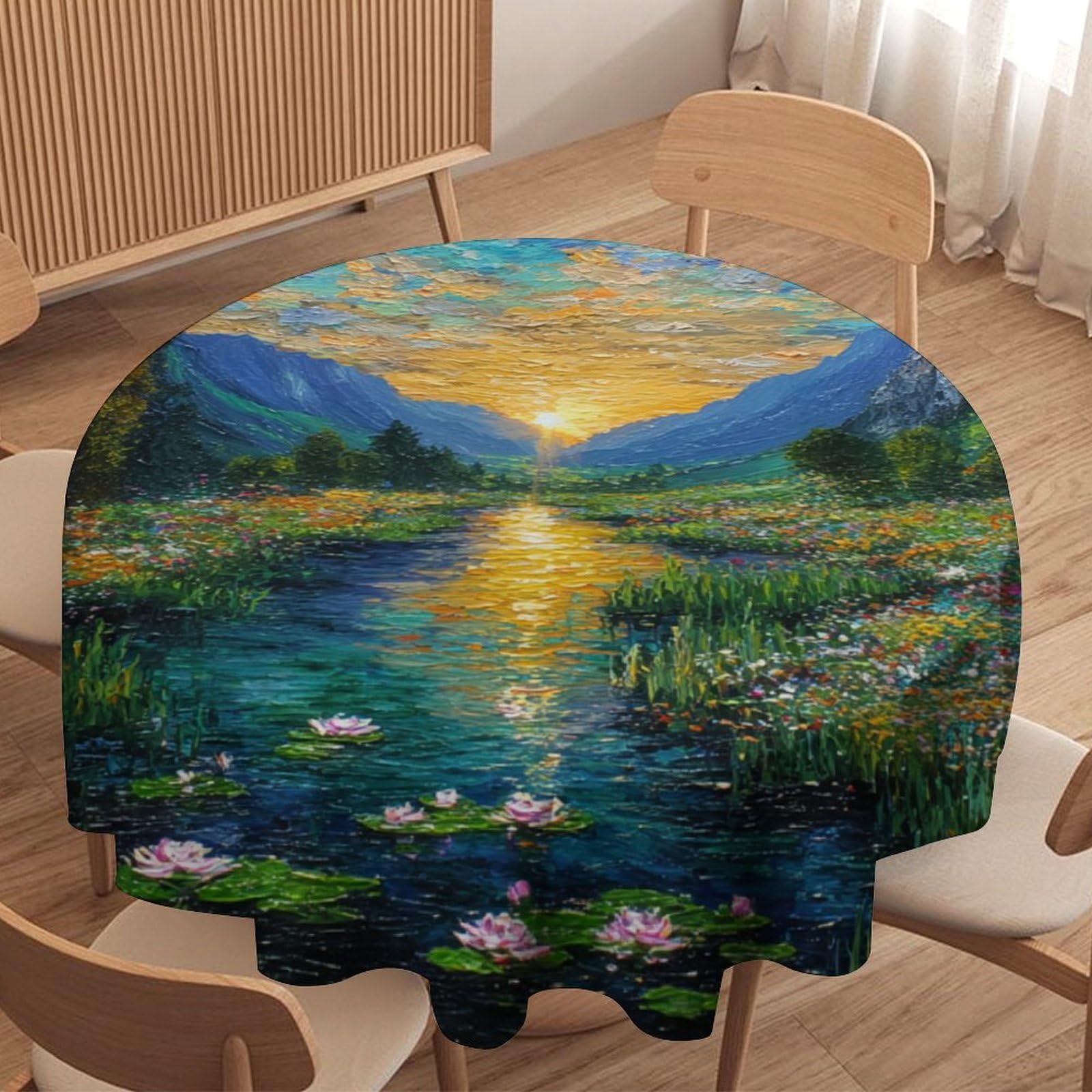 Luyysky Beautiful Romantic Lotus Floral Round Tablecloth Modern Fantasy Spring Sunset Mountains Lotus Flowers Washable Decor For Table Cover For Kitchen-177.8" Wx177.8 L Cm