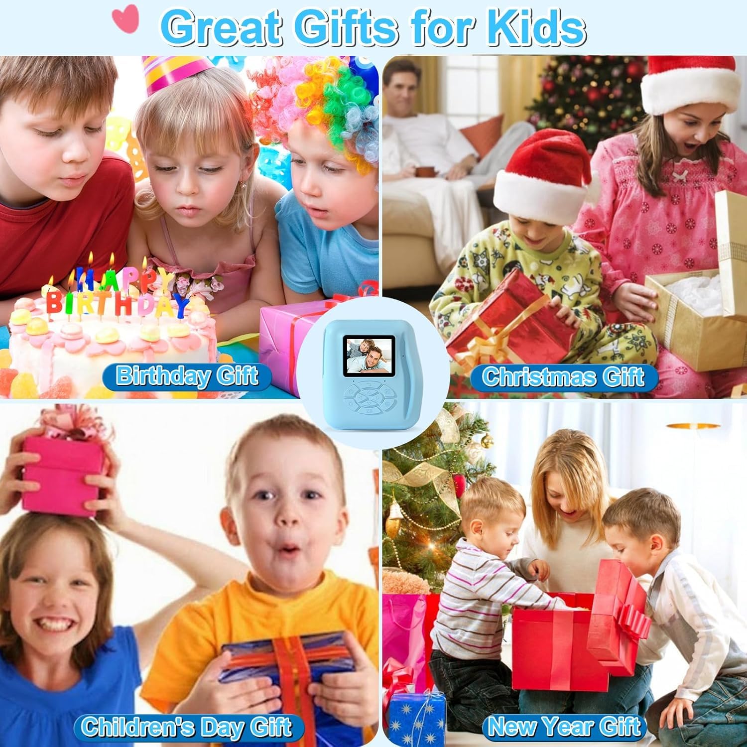 GKTZ Kids Camera Instant Print - 1080P HD Instant Print Photo - Christmas Birthday Gifts for Age 3-8 Girls Boys - Portable Toy with 3 Rolls Photo Paper, 5 Color Pens, 32GB Card (Blue)