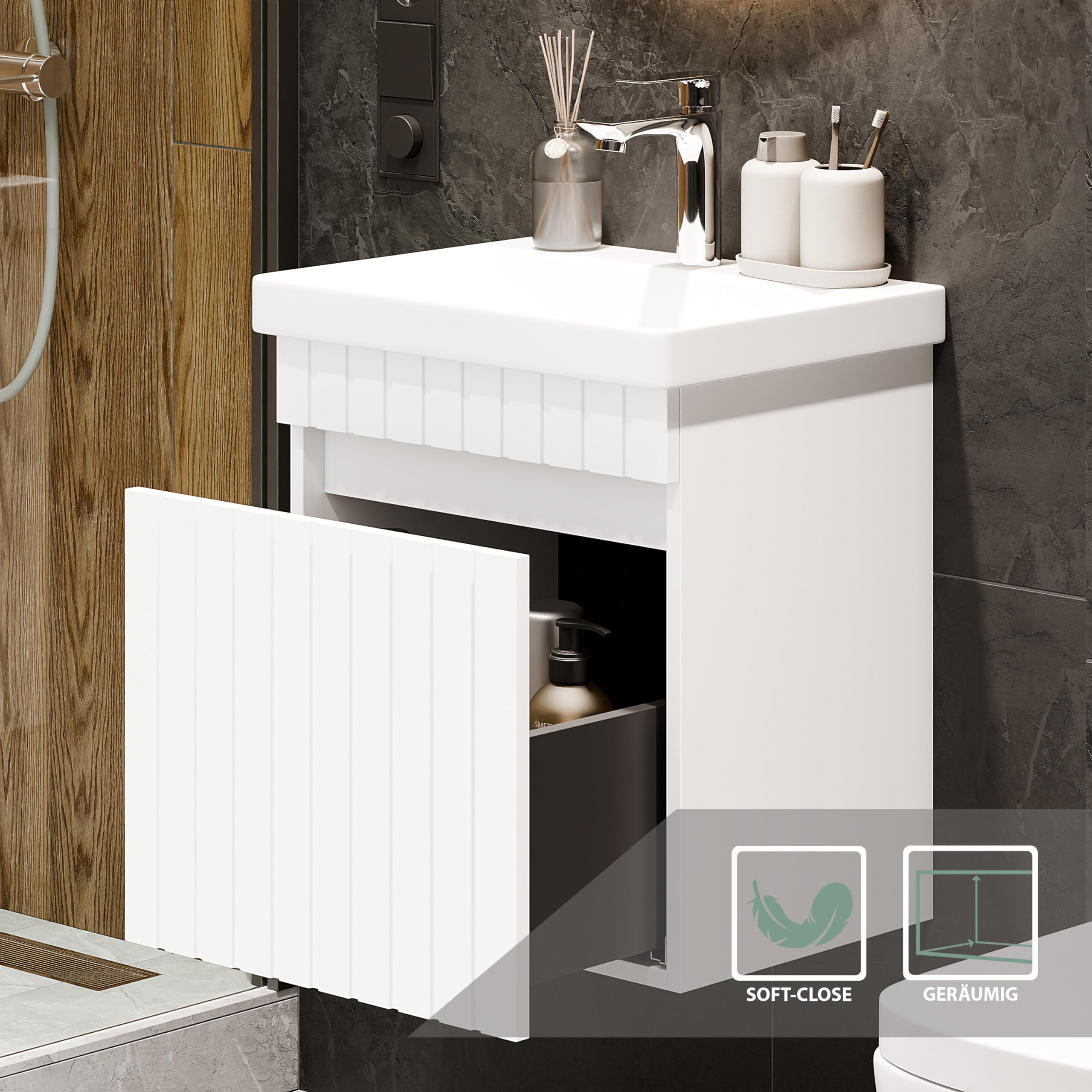 Planetmöbel Cosmia - Set di mobili da bagno, composto da lavandino con mobiletto da 50 x 60 x 35 cm, colore: bianco, lavabo in ceramica con cassetto
