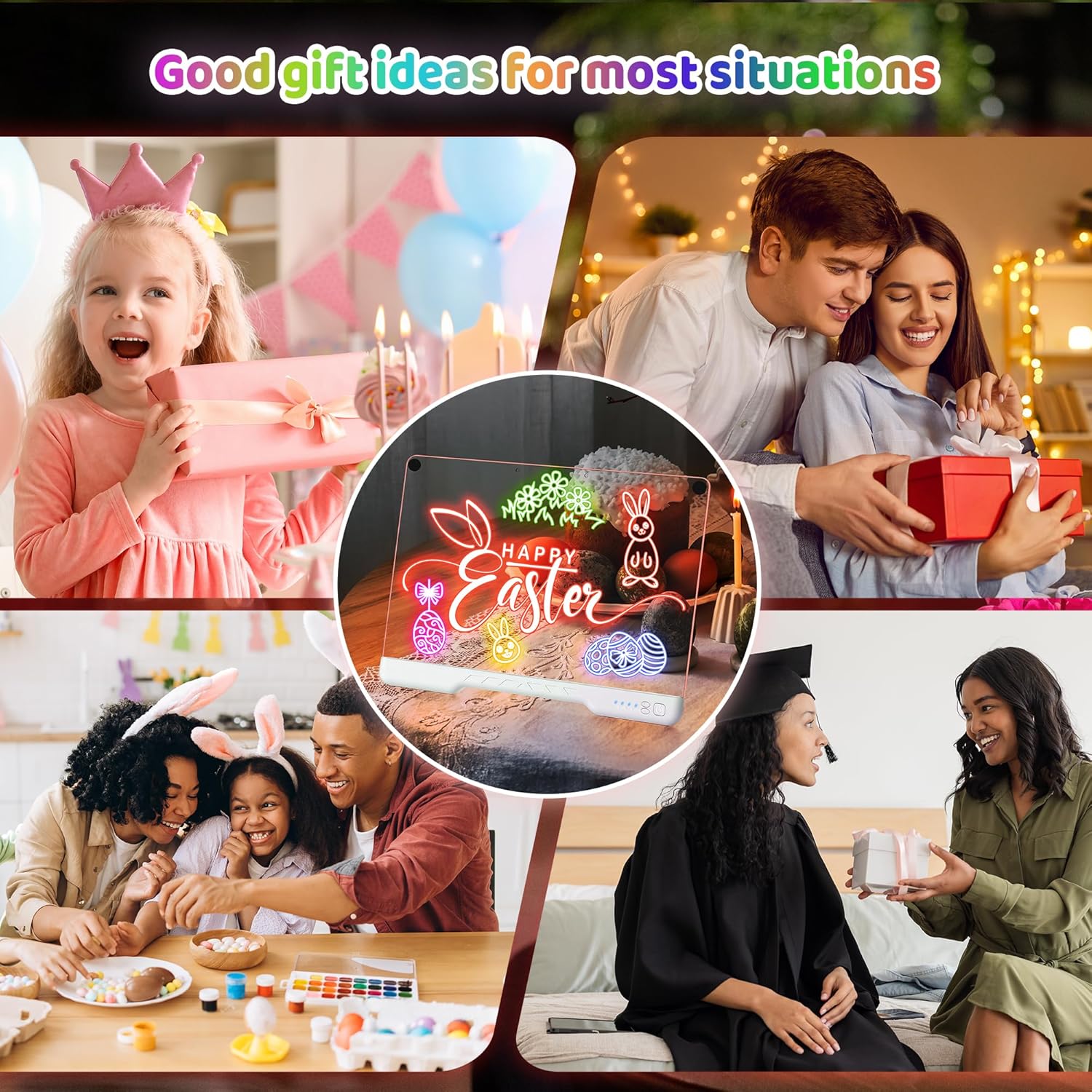 16 Inch Rechargeable LED Drawing Board, 7 Colors & 4 Modes, Portable & Mountable Acrylic Dry Erase Board with Neon Glow Doodle Effect, Includes Markers & Drawing Books,Birthday Gifts for Kids