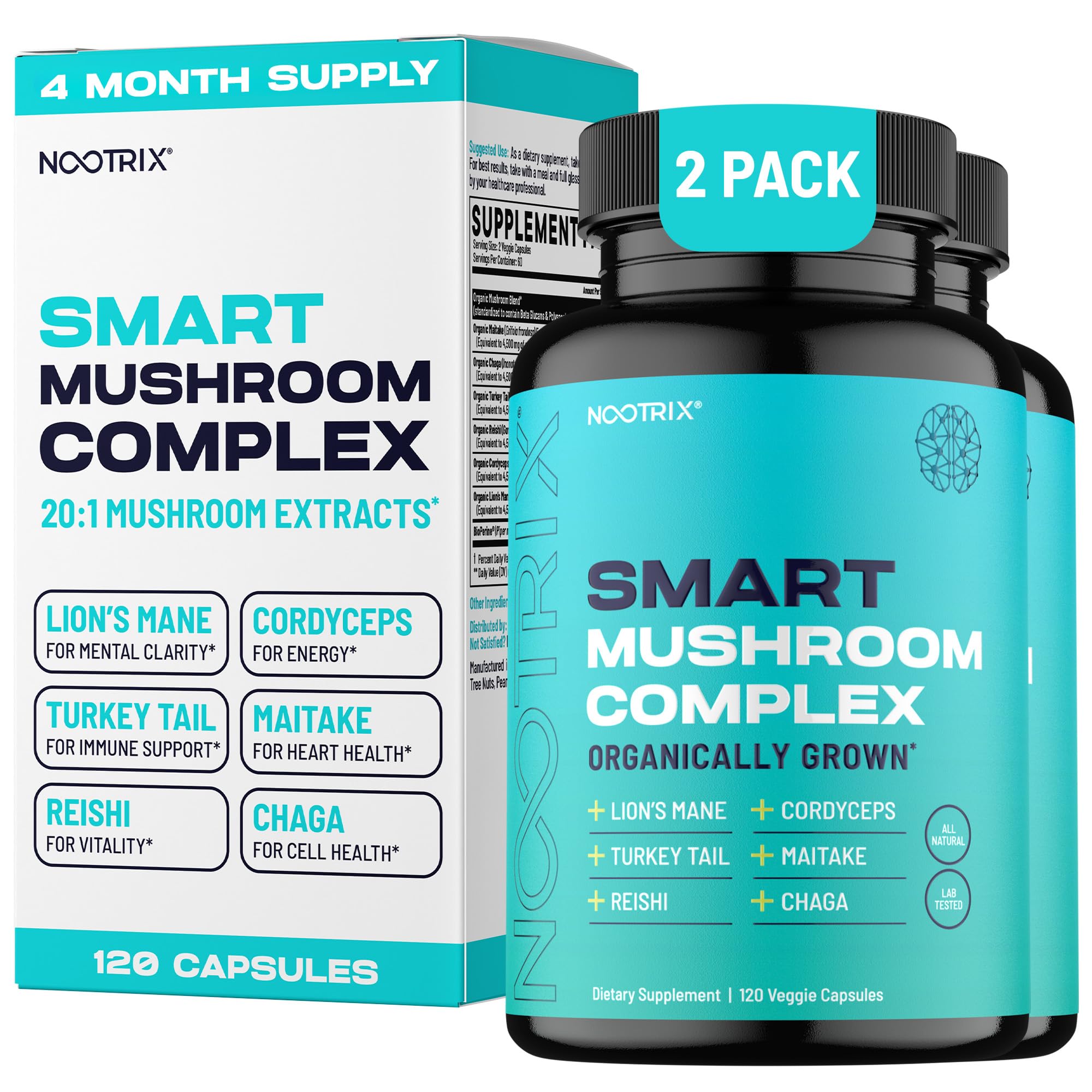Smart Mushrooms Complex Supplement | Supports Memory, Mental Focus, Cognitive Health & Energy | 27,000mg Organic Mushrooms | Lions Mane, Reishi, Cordyceps, Chaga & Turkey Tail | 240 Capsules