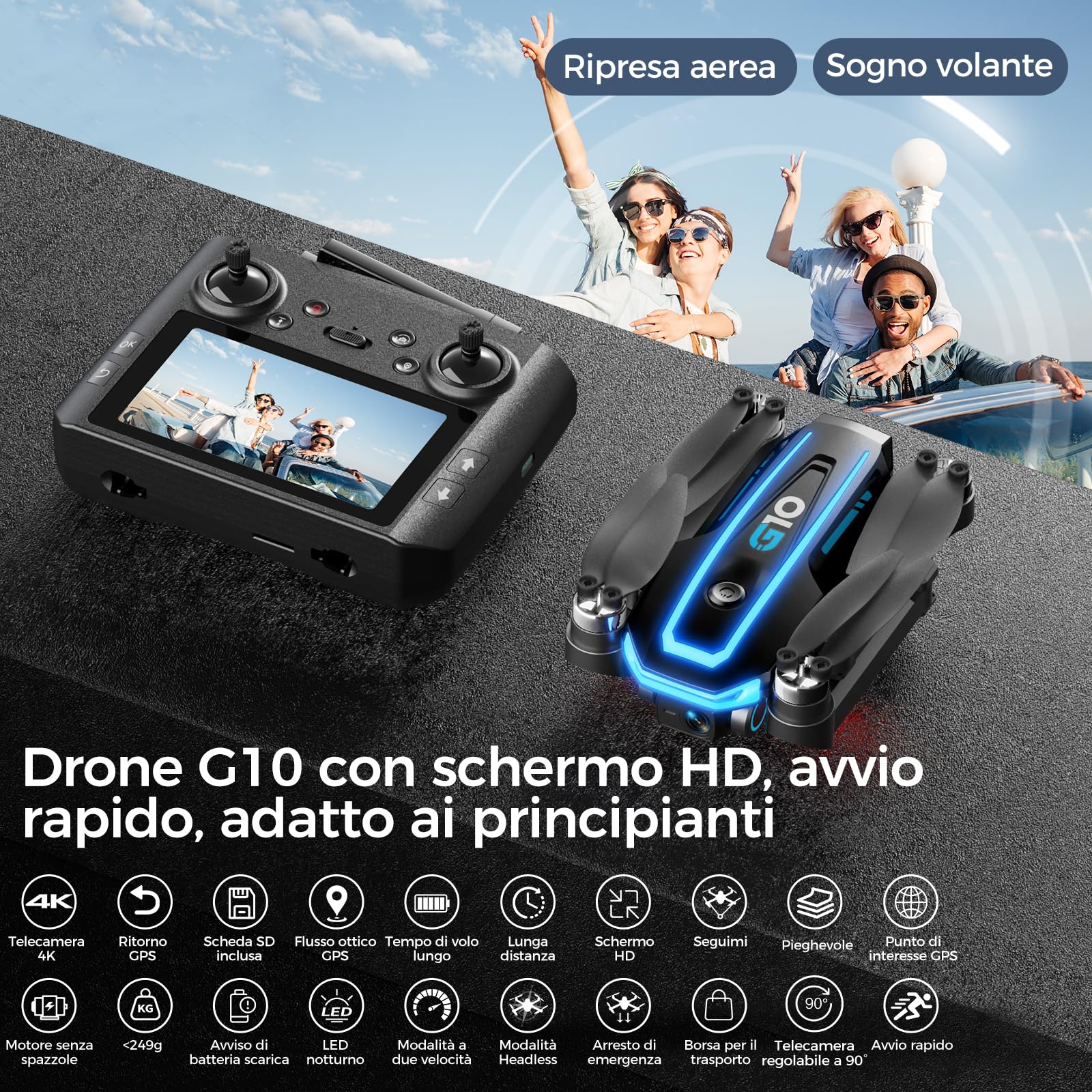 G10 GPS Drone con Telecamera 4K Professionale per Adulti e Bambini (Radiocomando con Schermo) FPV Droni con Motor Brushless, Transmissione 5G, Return Automatico, Quadcopter per Principianti, <249g, C0