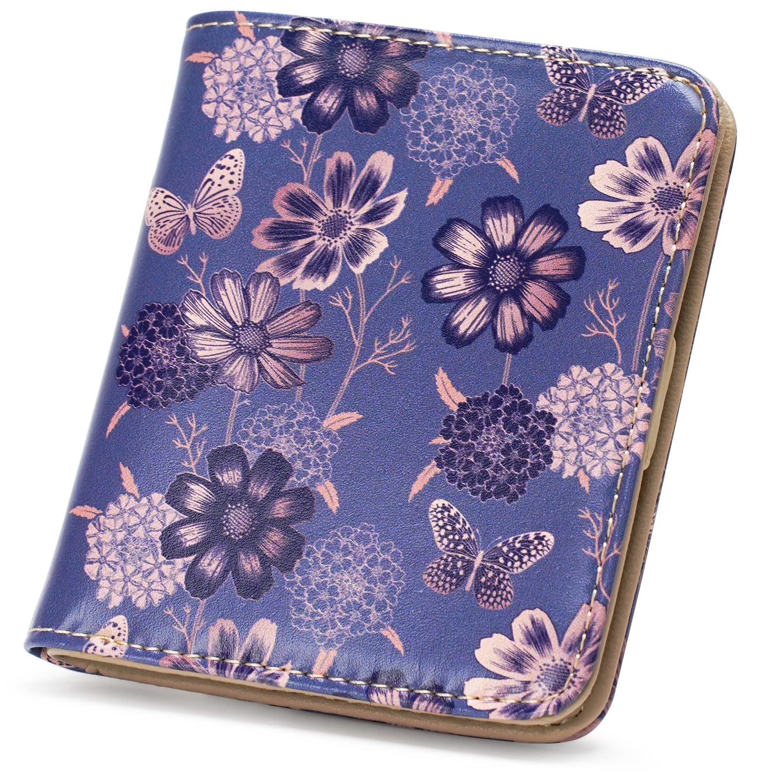 APHISON Womens Wallet, Slim Small Wallet for Women RFID Wallet Women Cartoon Microfiber Leather with ID Credit Card Holder Zipper Coin Pocket Bifold Compact Wallet Purple flower