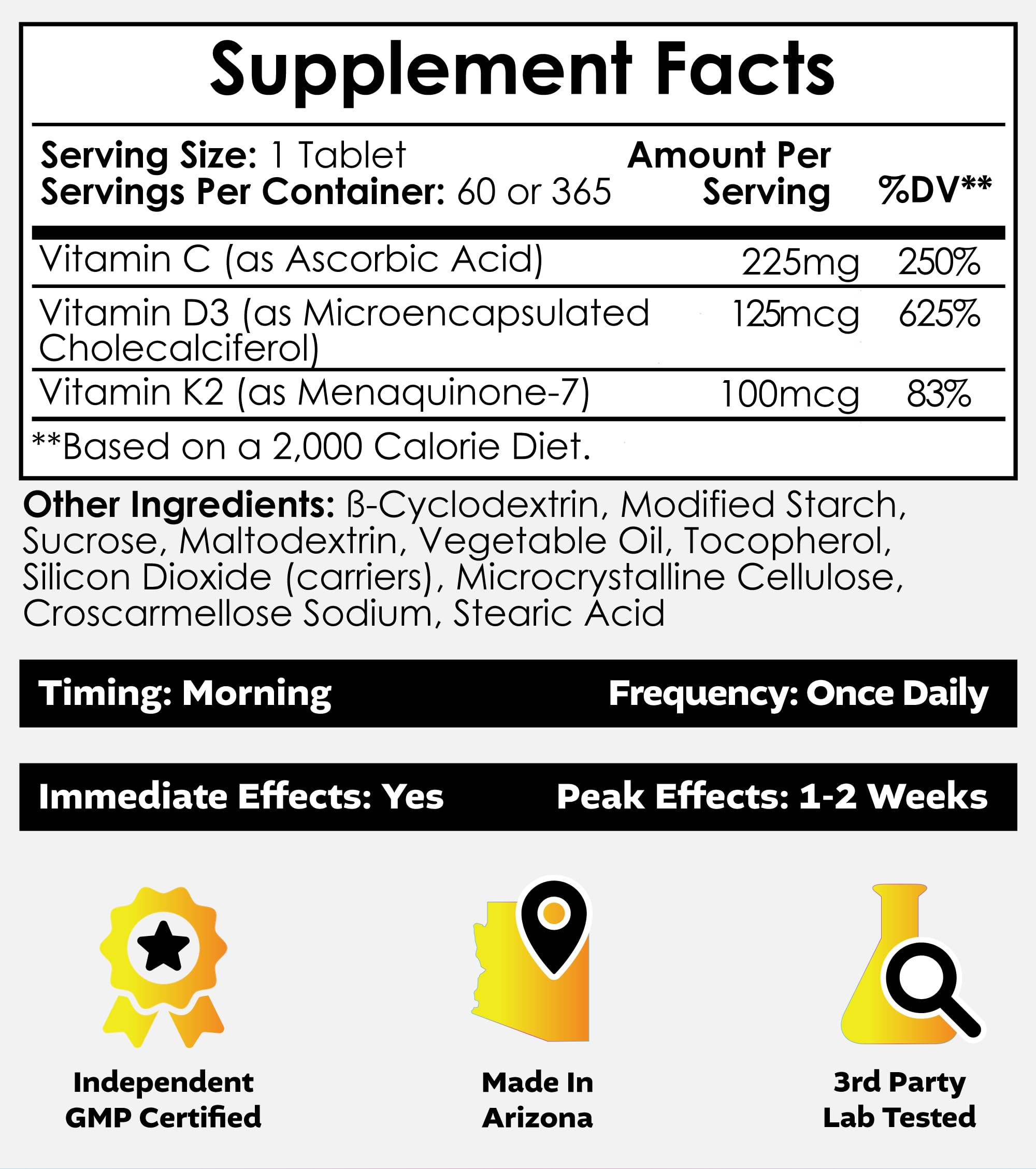 Nootropics Depot Vitamin D3 + K2 with Vitamin C Tablets | 365 Count | 125μg | Equivalent to 5000 IU | Year Supply — Amazon image 2