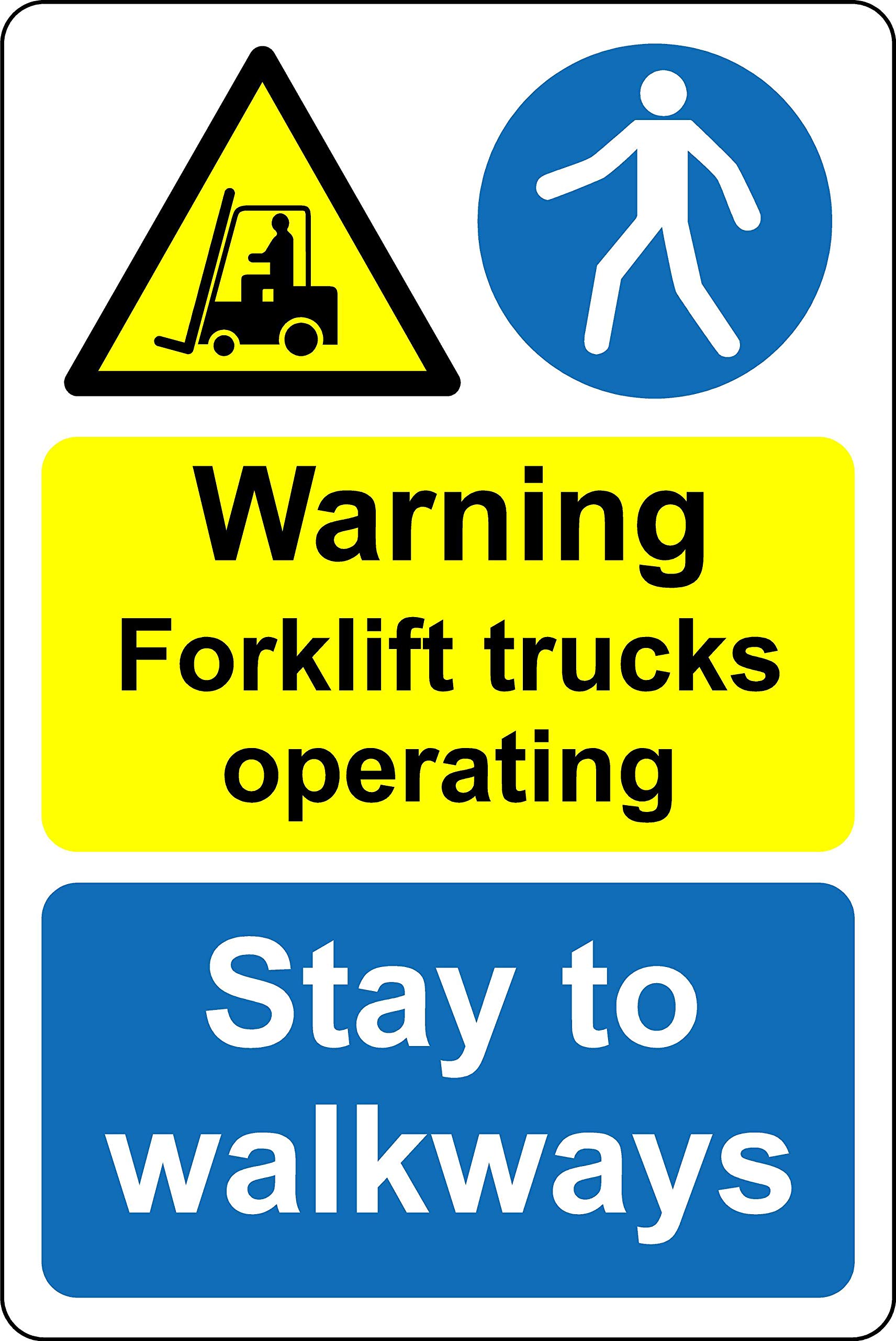 Warning forklift trucks operating stay to walkways safety sign - 1.2mm Rigid plastic 300mm x 200mm