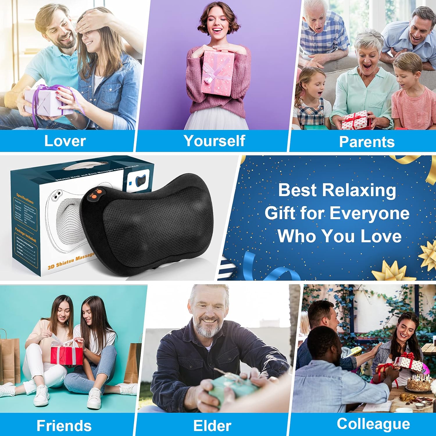 Shiatsu Massage Pillow Back and Neck Massager with Heat Deep Tissue Massager for Pain Relief Gift for Women Men Mom Dad Kneading Massager for Neck Back Shoulder Foot Calf Leg Hand at Home Office Car