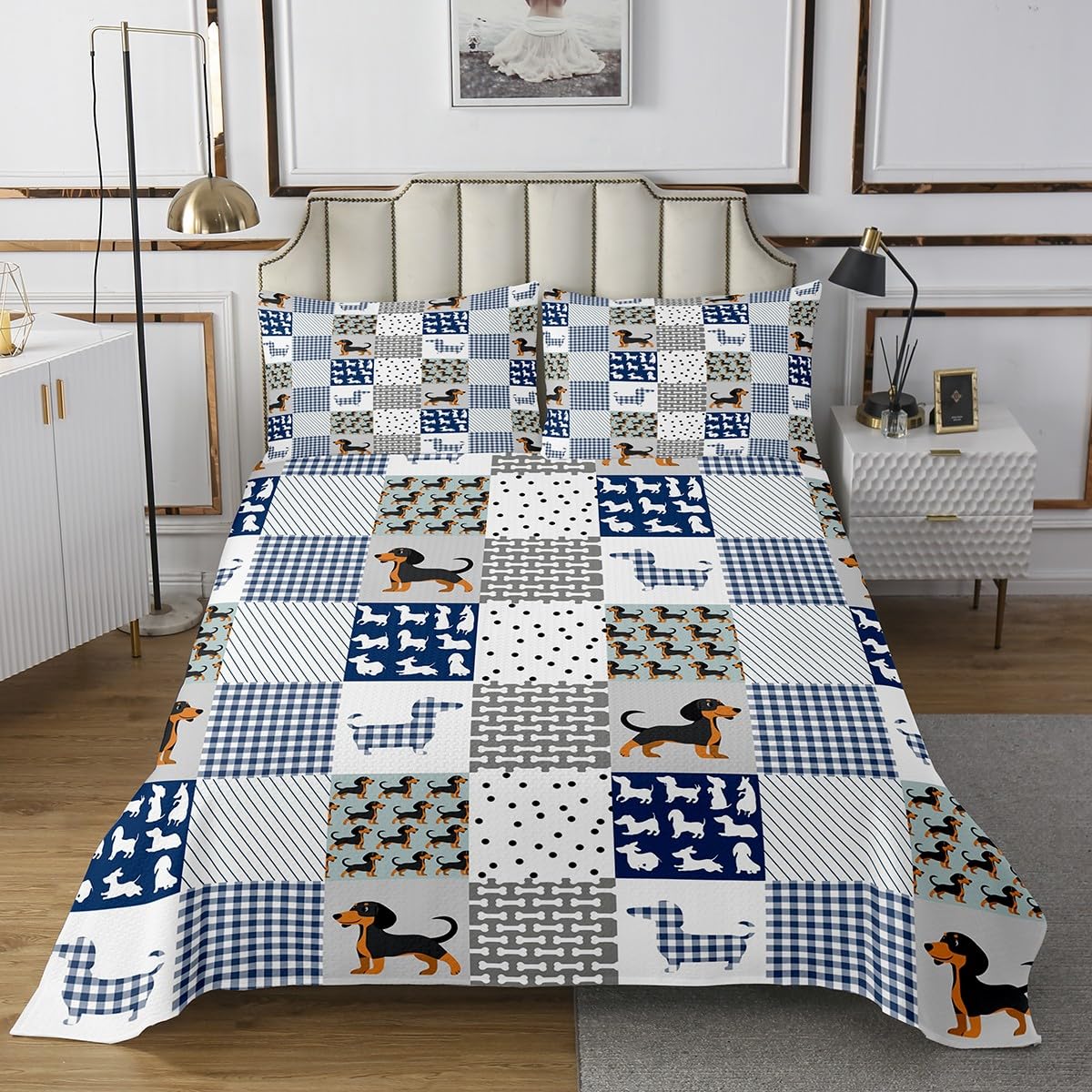 Cartoon Dachshund Coverlet Set - Cute Puppy Dog Bedspread - Geometric Plaid Sausage Dog Quilted Coverlet for Boys Girls Children Teens - Blue Quilted King Size