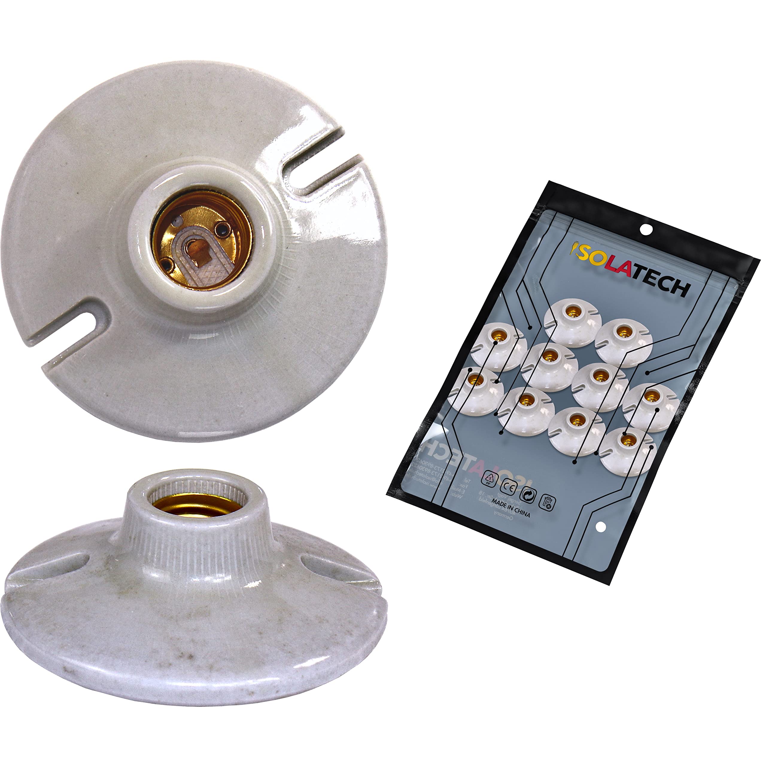 ISOLATECH 10x Casquillo E27 de Pared Cerámico con Orificios de Montaje | Máx. 250V/4A, Para bombillas LED y de bajo consumo, Resistente al calor, Para instalación en hogar y techo