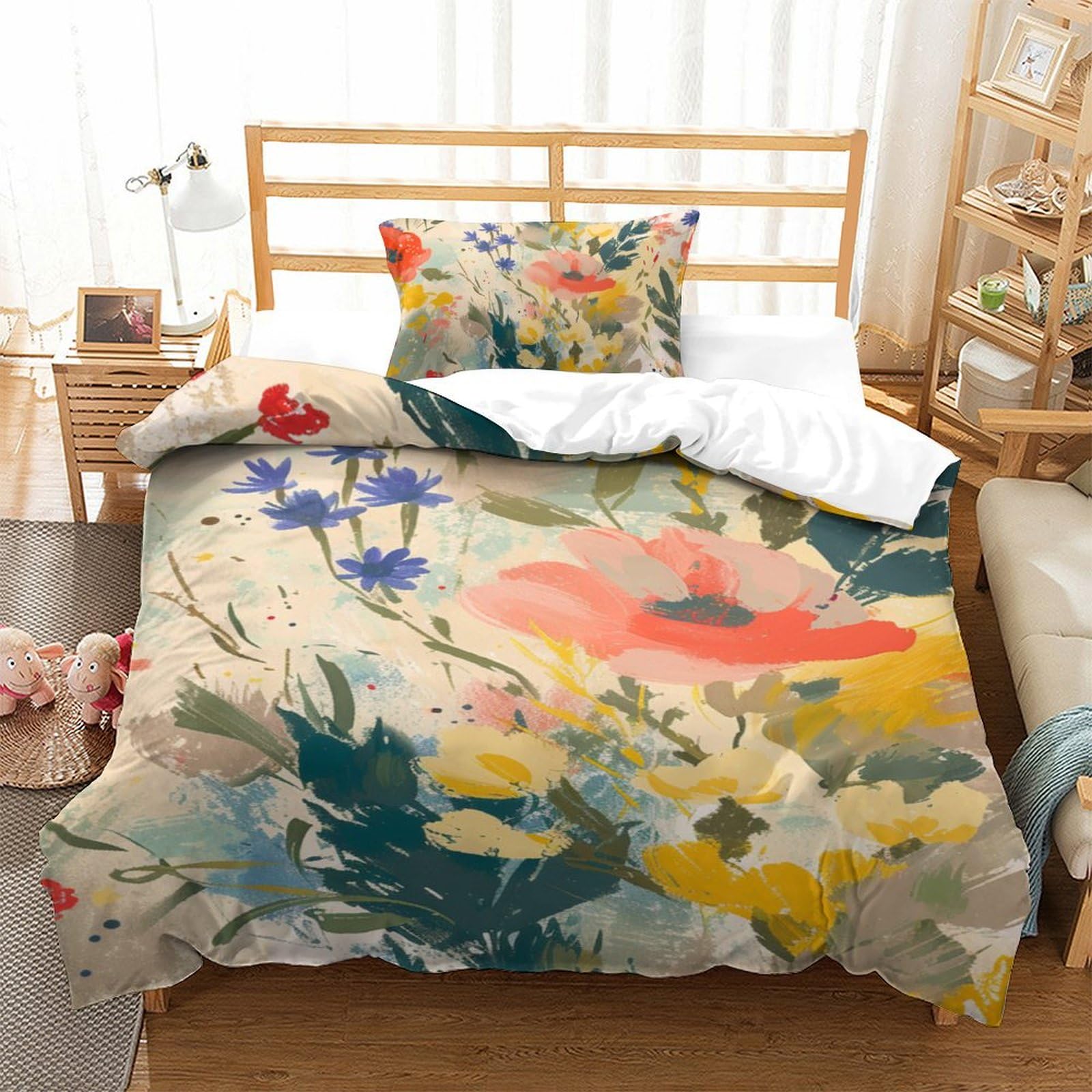 Housse de couette fleurs 3D 135x200, parure de lit microfibre respirante avec taie d'oreiller single