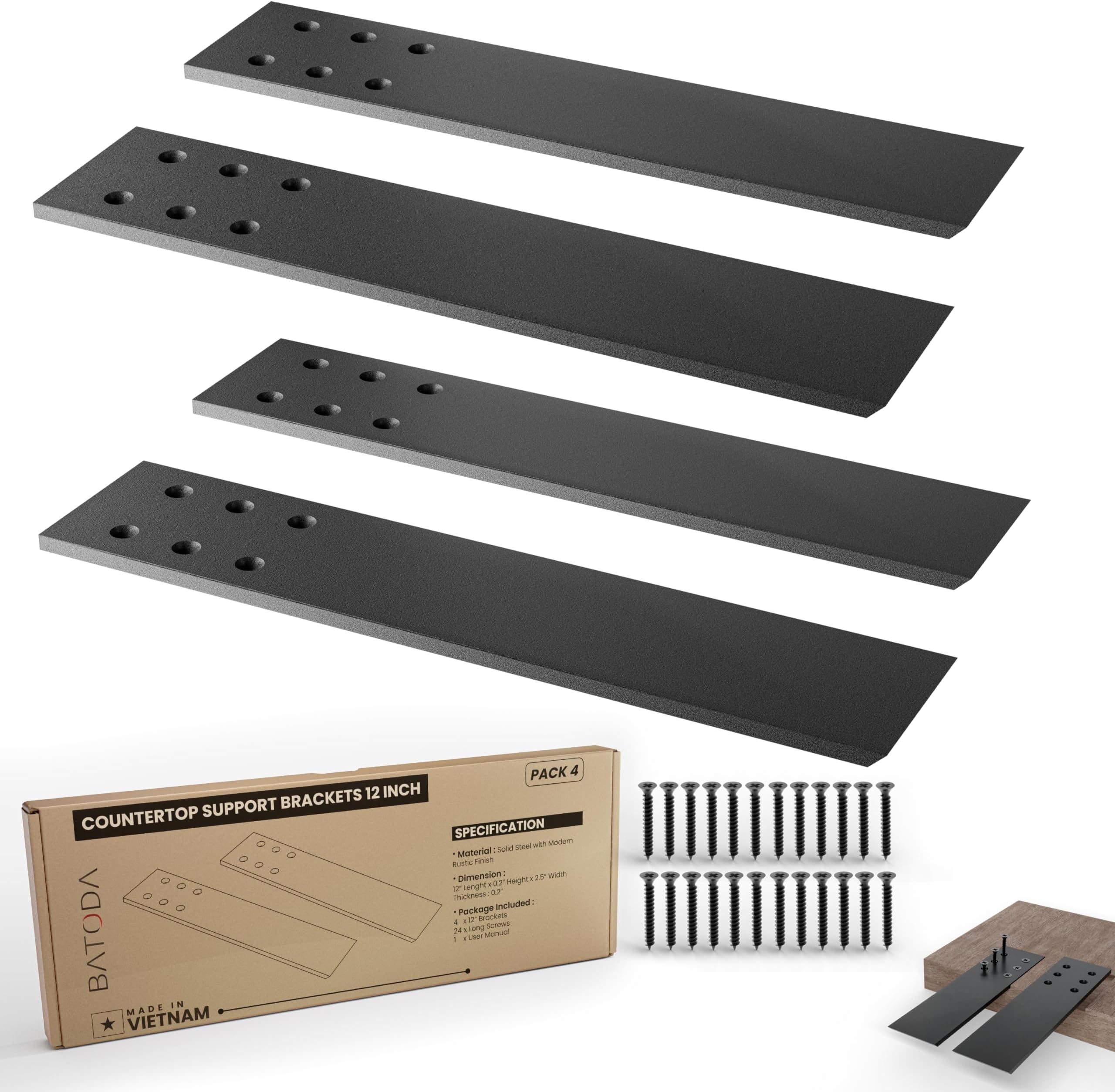 BATODA 12" Countertop Support Brackets (4 pcs) for Granite - Heavy Duty L Shelf Bracket - Wall Mounted Support for DIY Open Shelving – Knee Wall Support - Mounting Hardware Included ( Pack 4 )