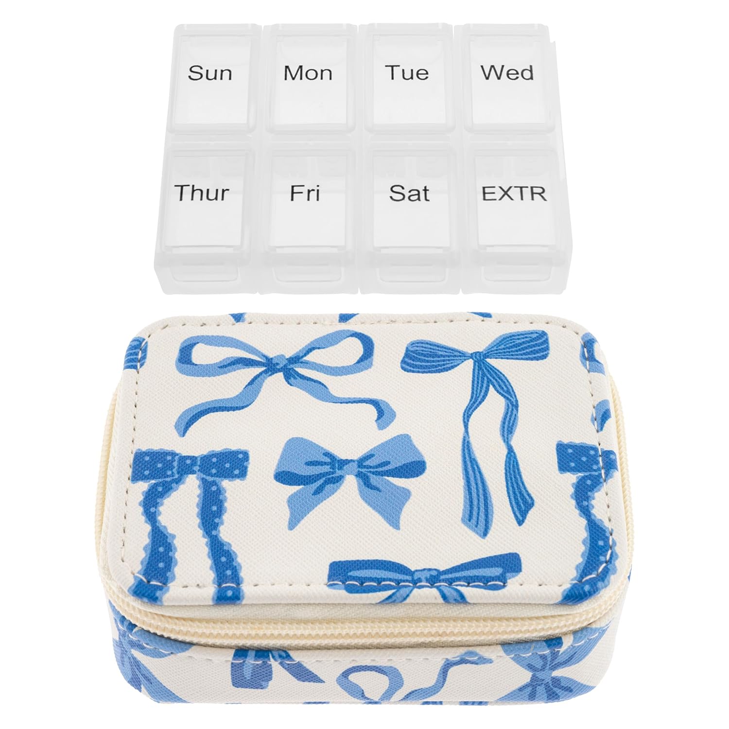 Karma, Travel Pill Case, Weekly Travel Pill Organizer, Removable 8-Compartment Pill Box, Travel Pill Medicine Organizer, Bows