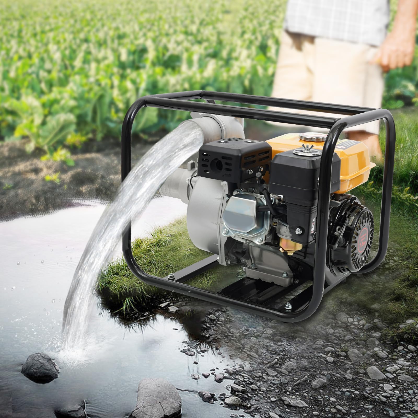 Gasoline Engine Water Pump 3 Inch 7.5hp 4 Stroke 196cc Gas-Powered High Pressure 92ft Lift for Irrigation, Portable for Farmland Garden