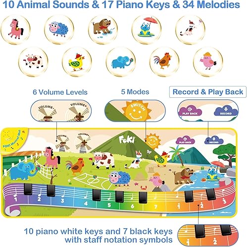 Miniatura 2 de Foki - Alfombrilla de piano para niños pequeños con 61 sonidos de música de animales, juguete educativo sensorial y musical para bailar, teclado