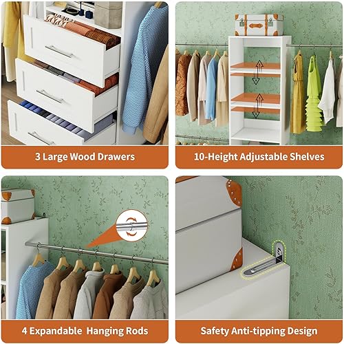 Miniatura 6 de Sistema de armario con cajones, sistema organizador de armario de 4 a 8 pies, torre organizadora de armario de 96 pulgadas con estantes ajustables,