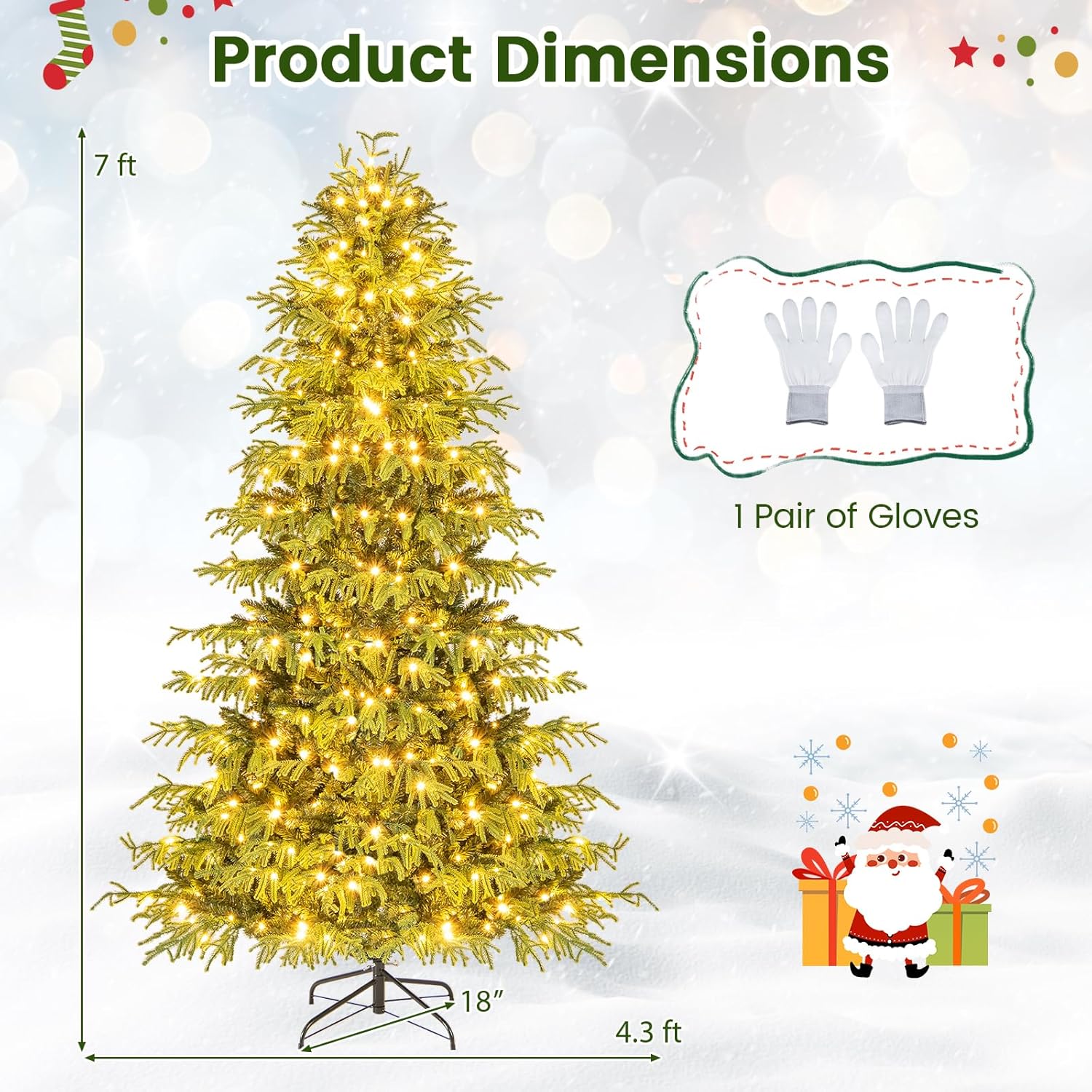 GOFLAME 7FT Pre-lit Artificial Christmas Tree, Hinged Xmas Tree with 370 Warm White LED Lights, 1090 TPE & PVC Mixed Branch Tips & Folding Metal Stand, Holiday Decoration Tree for Home Office Party
