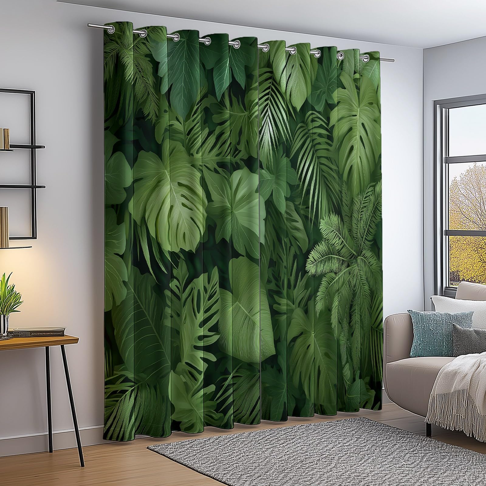 Blackout Curtain W 52" x L 84" (2 Panels) Opaque Curtains, Emerald Green Eyelet Curtains for Kids Bedroom Living Room Kitchen, Simple Tropical Jungle Plant Leaves theme Microfiber Insulated Drapes