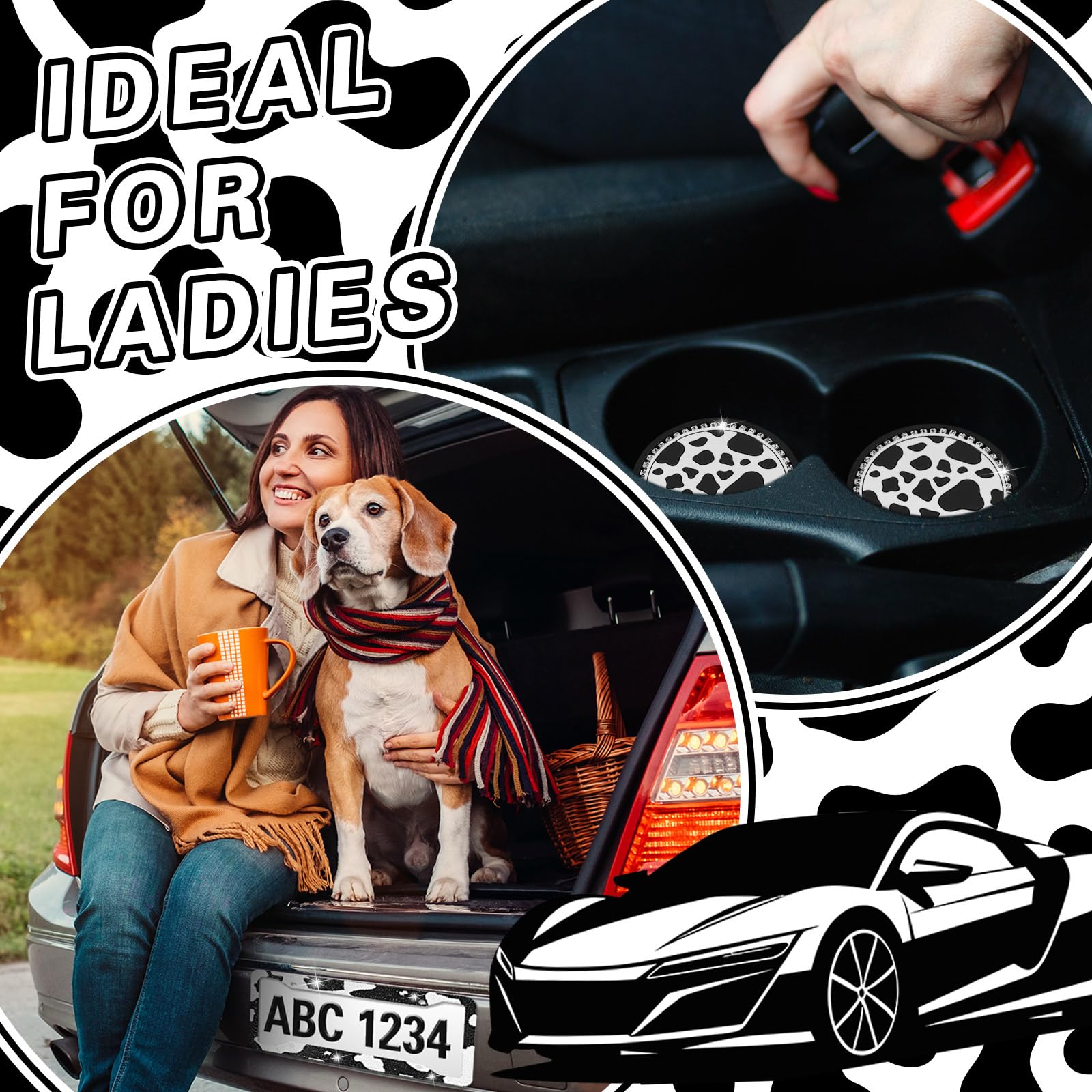 DaisyInner 4 Pcs Sparkly Cow Print Car Decor Kit - 2 License Plate Frames & 2 Bling Cup Holders