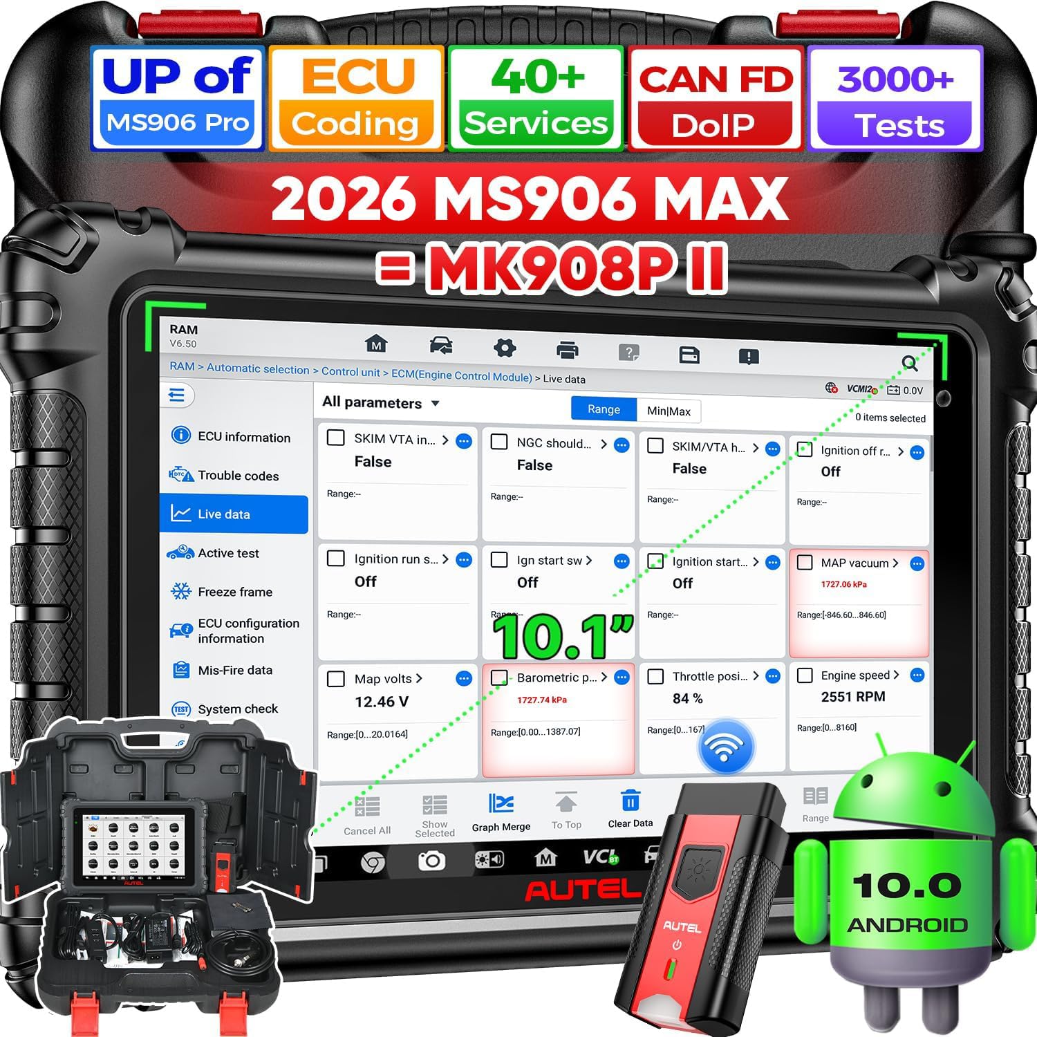 Autel MaxiSys MS906MAX 10.1" Scanner, 2025 MS906 MAX 2.0 Up of MS906 PRO MP900BT MS908S MK908, OE ECU Coding, Bidirectional Diagnostic Scan Tool, 3K+ Active Test, 40+ Reset, Auto Scan 2.0, CAN FD DoIP
