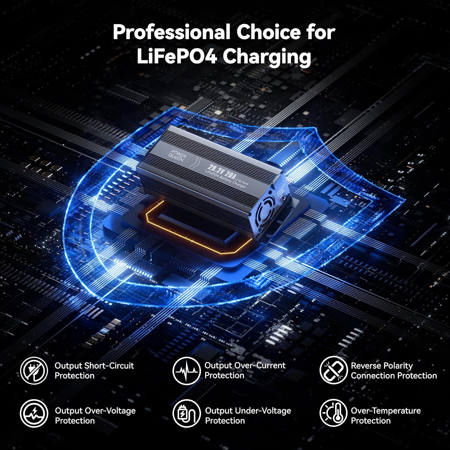 Power Queen 24V 20A LiFePO4 Battery Charger,Smart 24V Lithium Battery Maintainer,Fully Automatic Rechargeable 25.6V (29.2V) LiFePO4 Battery Charger with Multi Safety Protections,0V Activation Function