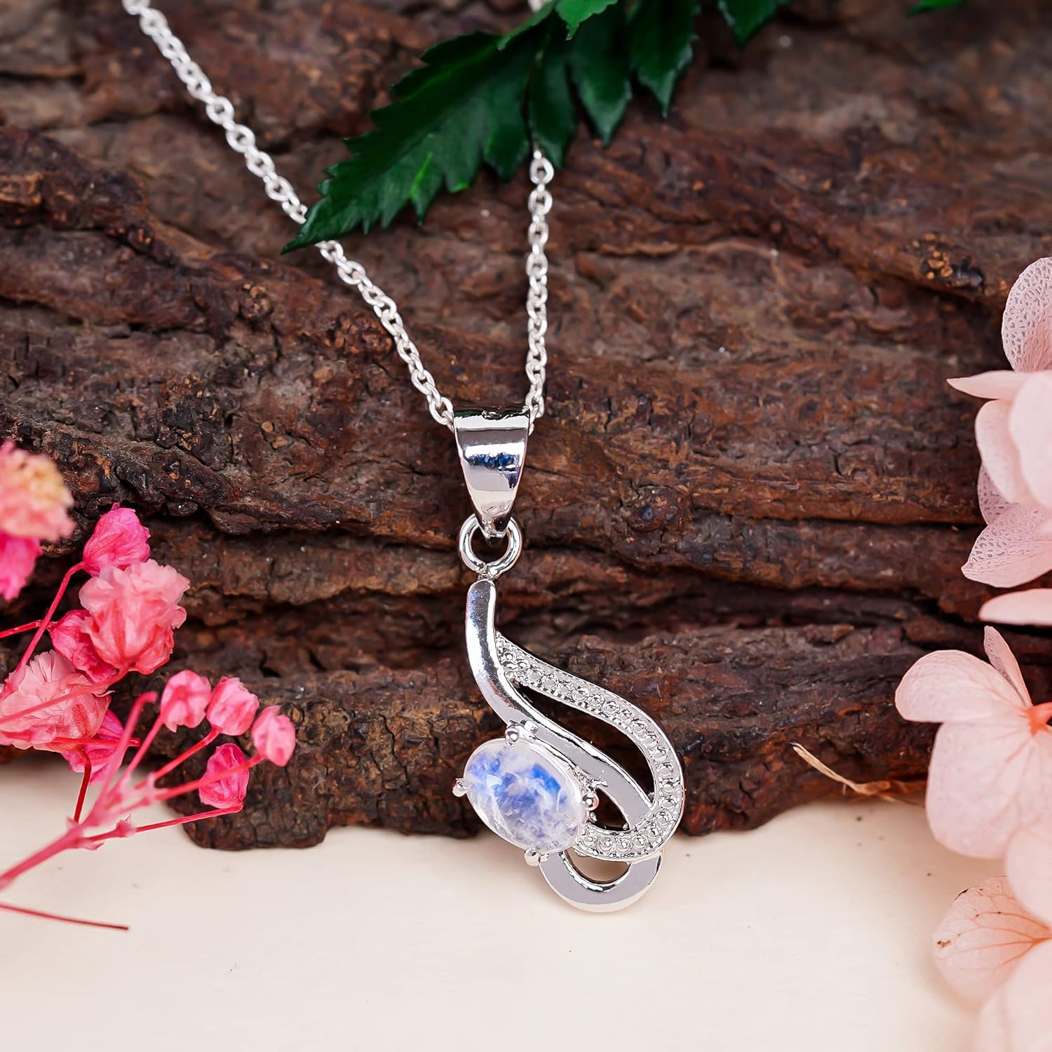 Natural Rainbow Moonstone Gemstone Oval Cabochon Dainty Pendant Necklace, June Birthstone, Healing Crystals Women Jewelry in 925 Sterling Silver Chain 18 inch - Image 2
