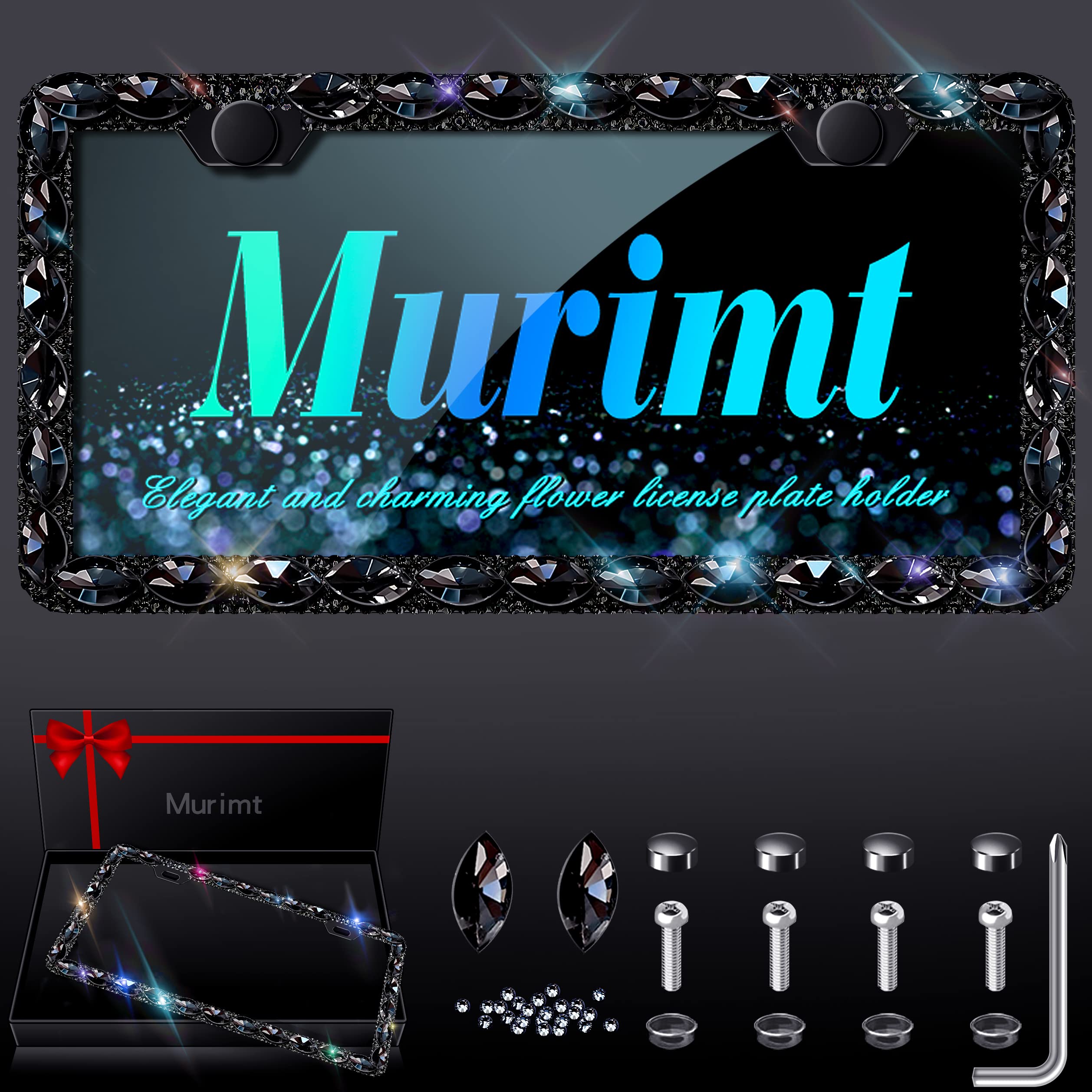 Murimt Black Rhinestone License Plate Frames with High End Ribbon Gift Box Sparkly Diamond License Plate Holder Handcrafted Crystal Premium Stainless Steel Bling License Plate Frame for Women