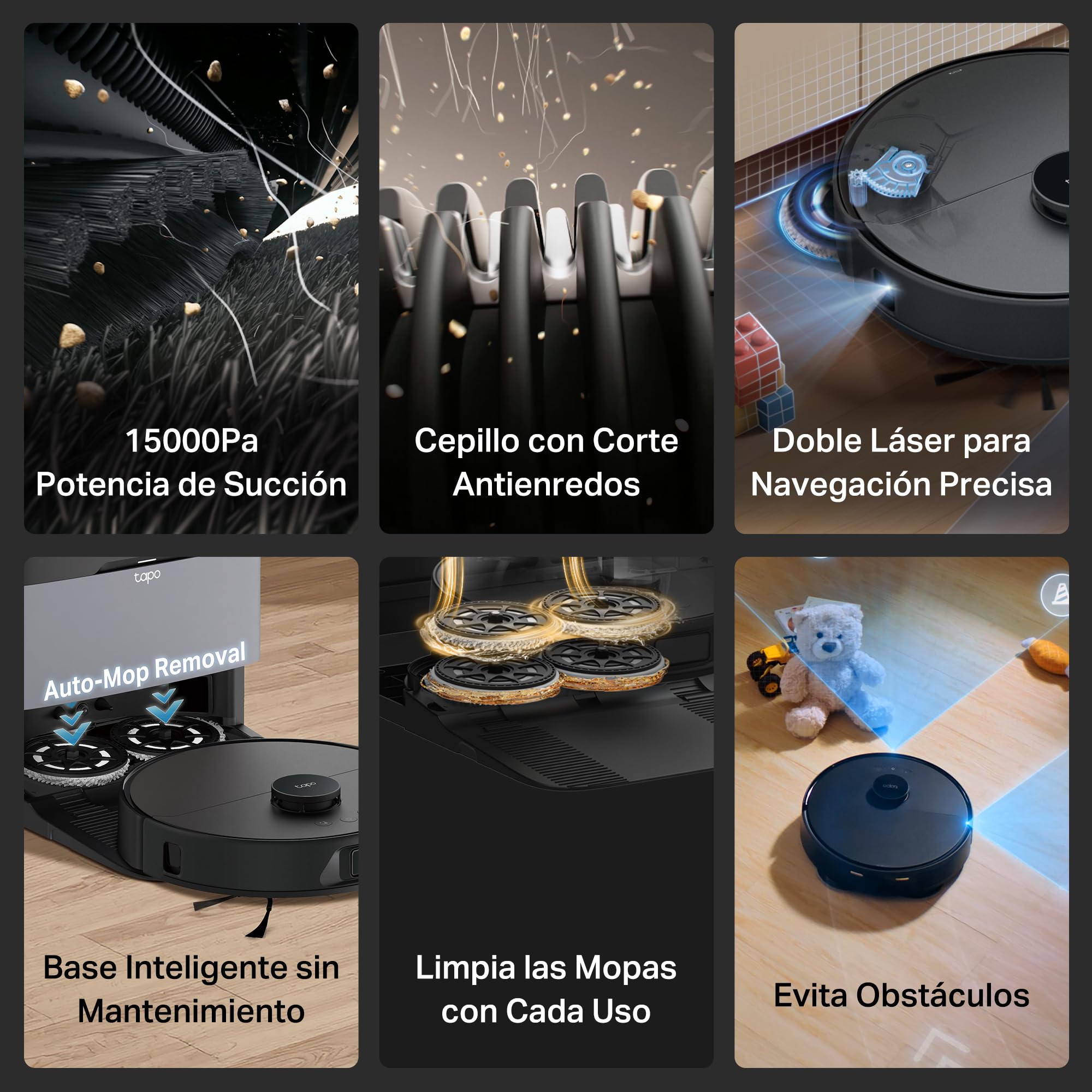 Tapo Robot Aspirador RV50 Pro Omni – 15.000 Pa, Navegación Láser Dual, Autovaciado, Cepillos Antienredo para Mascotas, Limpieza de Bordes, Estación Todo-en-Uno con Depósito de Agua 5L (Negro Oscuro)