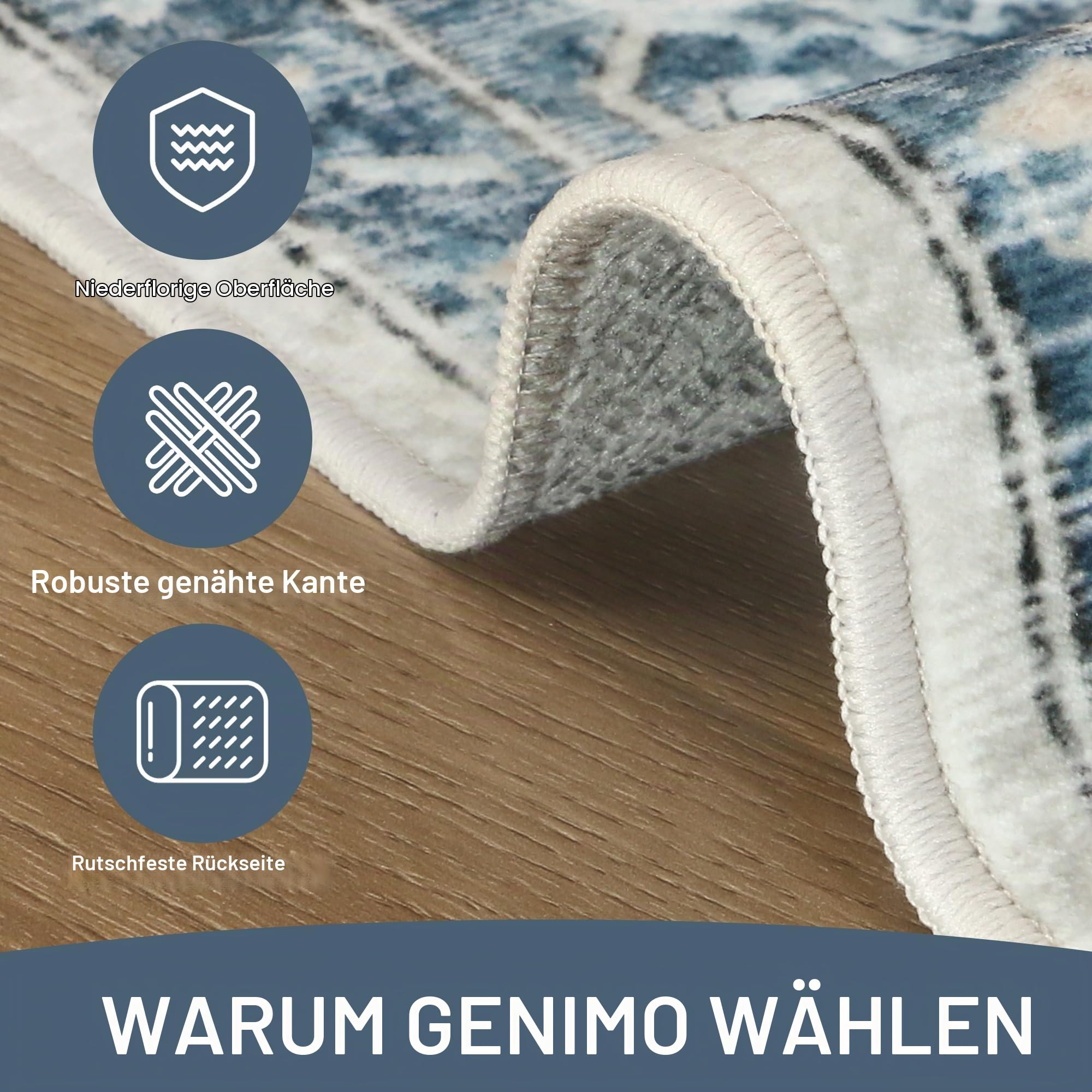 GENIMO Vintage Blau Teppich Läufer Flur 80x200cm Teppichläufer Waschbar – Ansicht 2