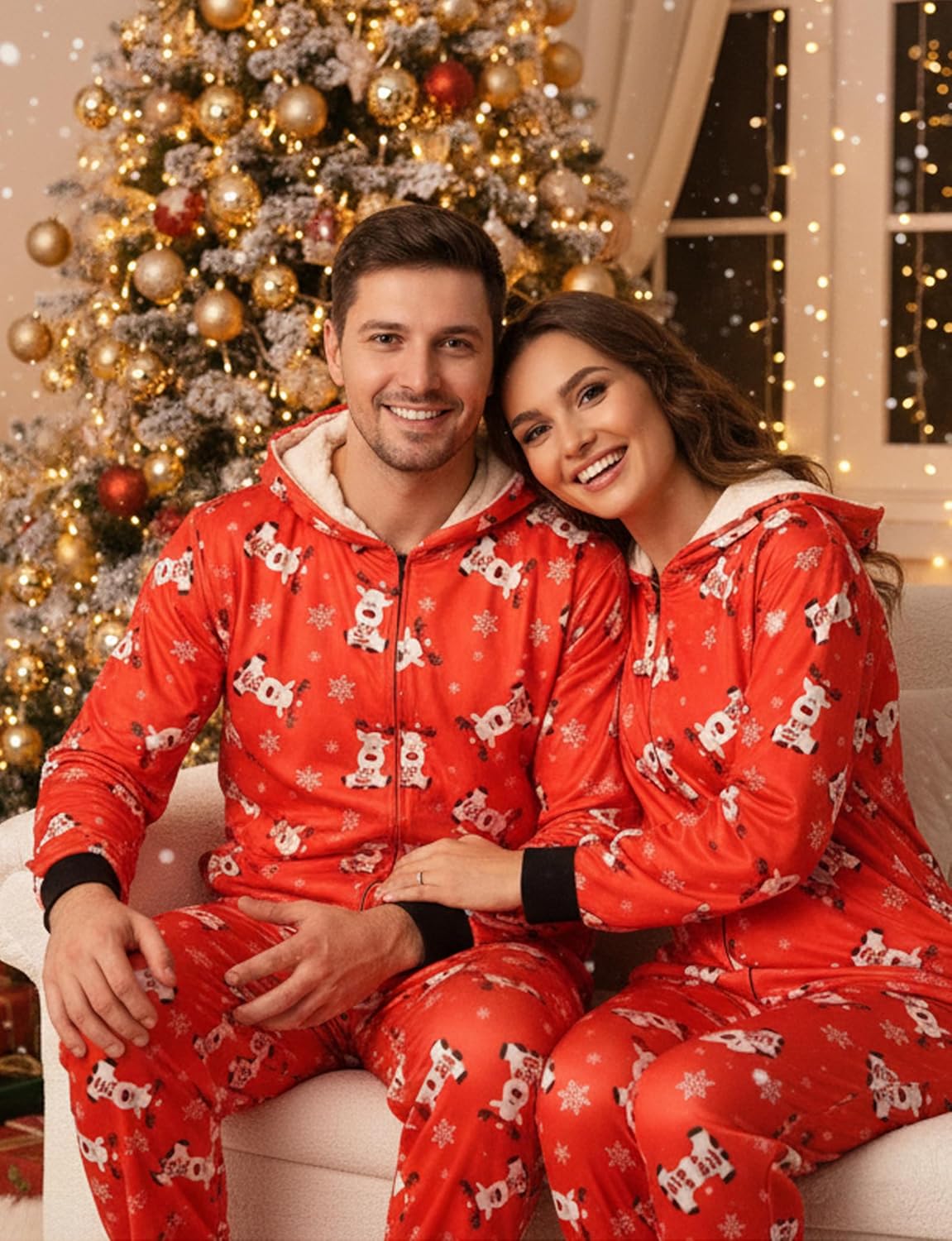 BFONS Christmas Pajamas for Couples Matching Onesie Adult, Long Sleeve Zipper Hoodie Reindeer Family Set for Women - Image 5