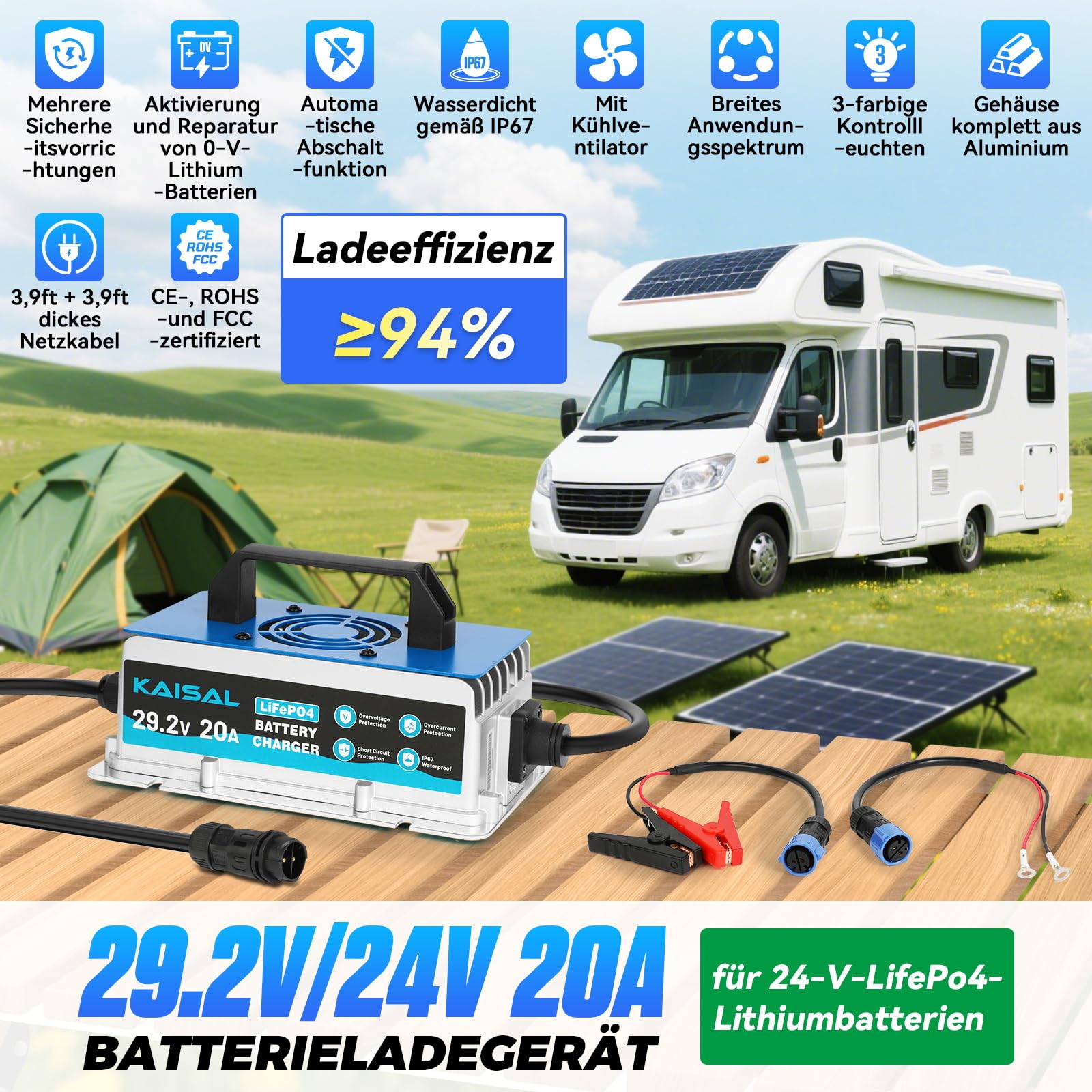 KAISAL 29.2V 20A LiFePO4 Ladegerät, LiFePO4 Batterieladegerät | für 24V/25.6V Lithiumbatterie, 0V Aktiviert, IP67 Wasserdicht, 24V Lithium Batterie Ladegerät für Wohnmobil, Boot, Solar