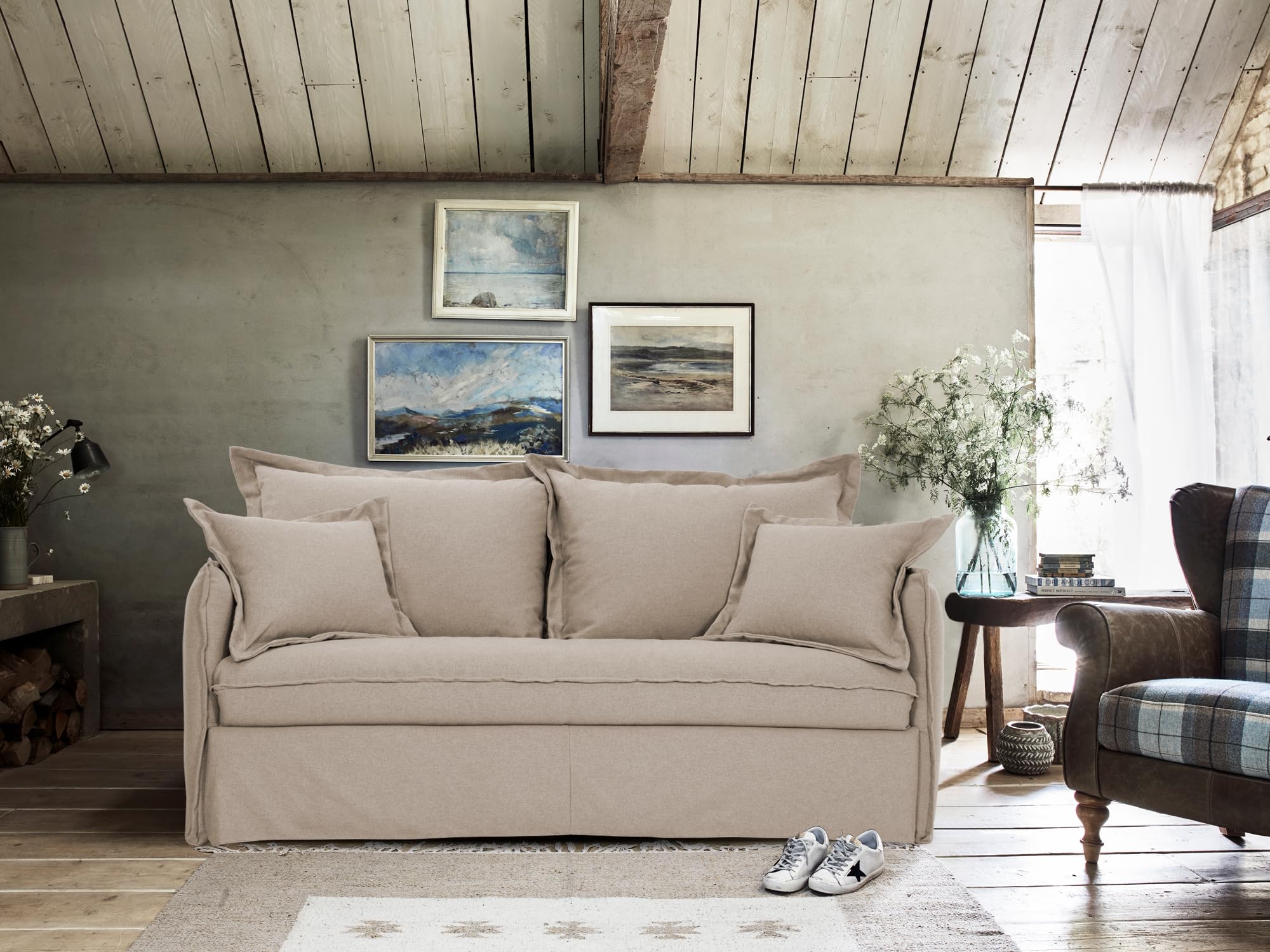 Divano Letto MILOS 3 Posti,Struttura in Metallo e Legno,Interamente Sfoderabile, Rivestimento in Tessuto,Rete ad Apertura Rapida,Materasso 160x190 cm H14 cm, Colore: Camel