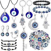 YADOCA 12/15Pcs Evil Eye Necklace, Bracelet, Earring, Ring, Keychain & Hamsa Hand Pendant - Turkish Protection Jewelry Set with 50Pcs Evil Eye Stickers