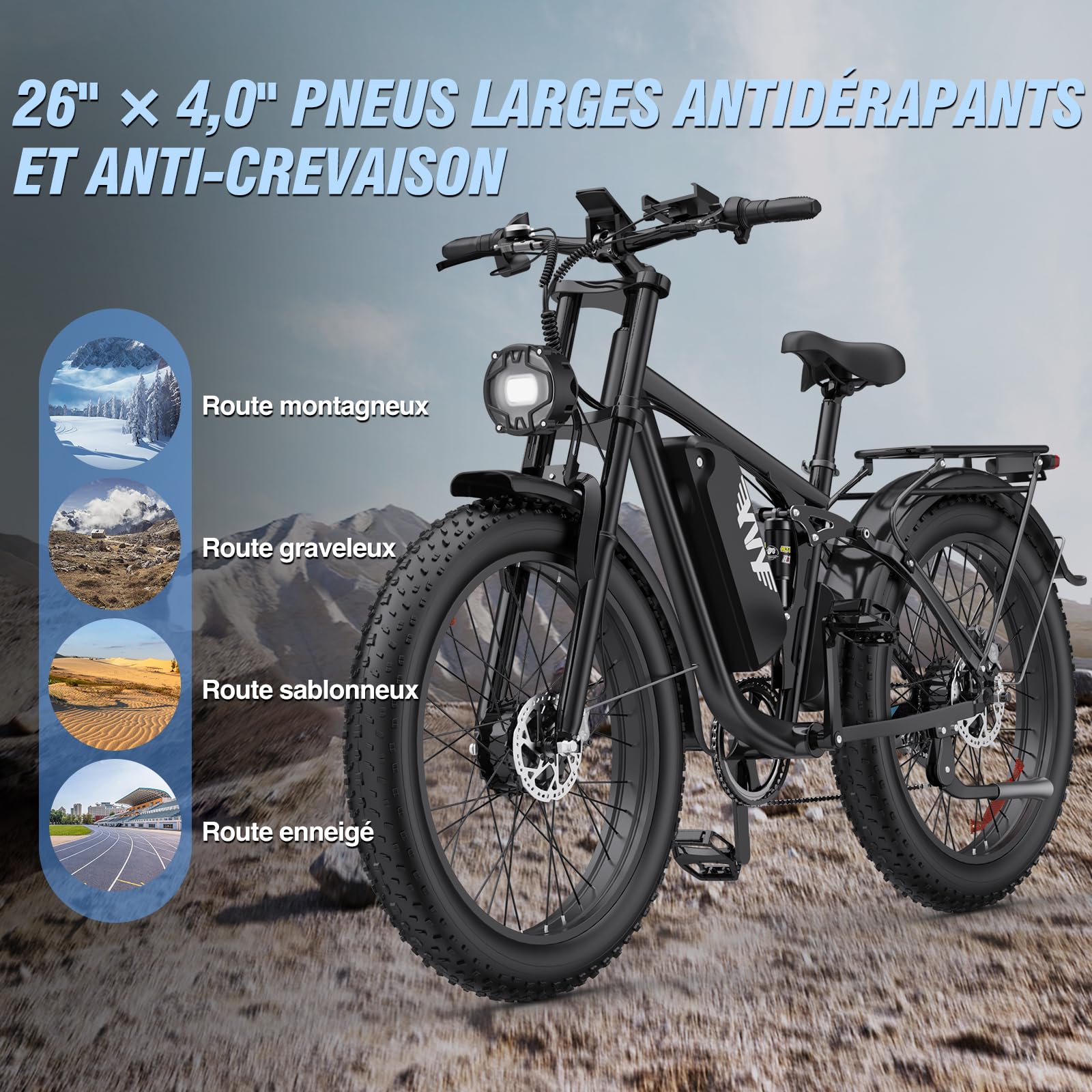 YVY C26 Pro Vélo Électrique, Autonomie 120km, Batterie Amovible 48V 23Ah, Double Moteur 180Nm, Fat Bike Électrique, VTT Électrique 7 Vitesses, E-Bike Double Suspension, Double Disque, Écran LCD