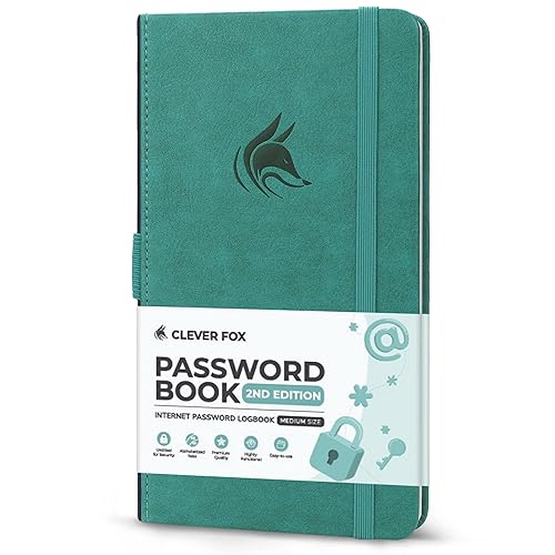Clever Fox Password Book 2nd Edition – Hardcover Password Keeper with Alphabetical Tabs – Internet Address Notebook & Login Details Organizer Journal – 4.1x7.6” (Aquamarine)
