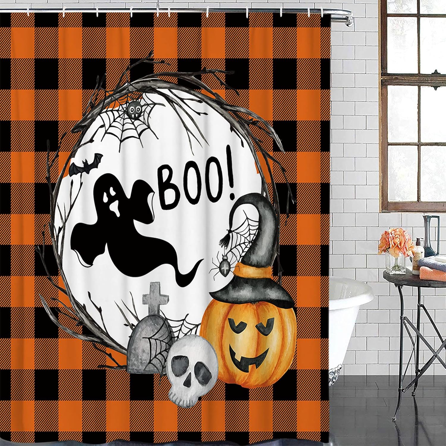 Shower Curtain 78 inches Long Halloween Horror Pumpkin Ghost Orange Lattice Shower Curtains for Bathroom Polyester Fabric Shower Curtain with 12 Hooks,Waterproof Bath Curtain for Shower Decor 72x78in