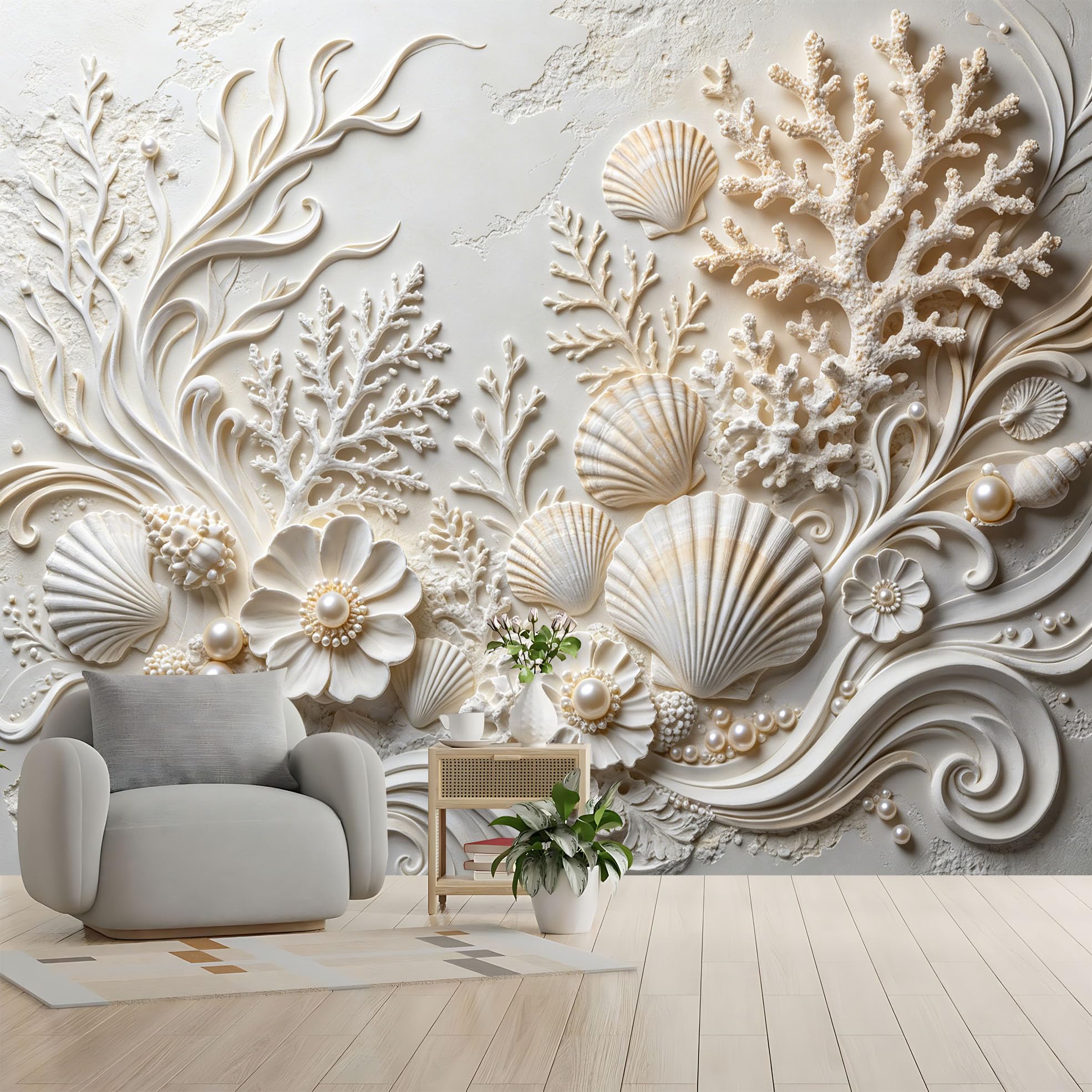 Fototapeta 3D z muszlą koral i perła ocean koral tekstura tapeta z włókniny luksusowy styl wybrzeża sztuka fototapeta 350 x 256 cm kremowa biała tapeta ścienna do salonu sypialni akcent ściana ocean
