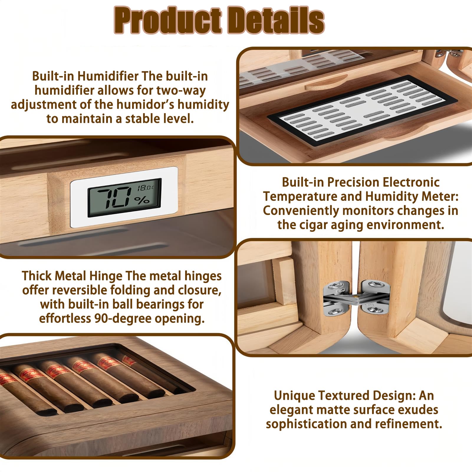 Humidificador de madera de cedro con higrómetro digital con parte superior de cristal, 4 cajones de gran capacidad de almacenamiento, 110 unidades, regalo de lujo para hombres