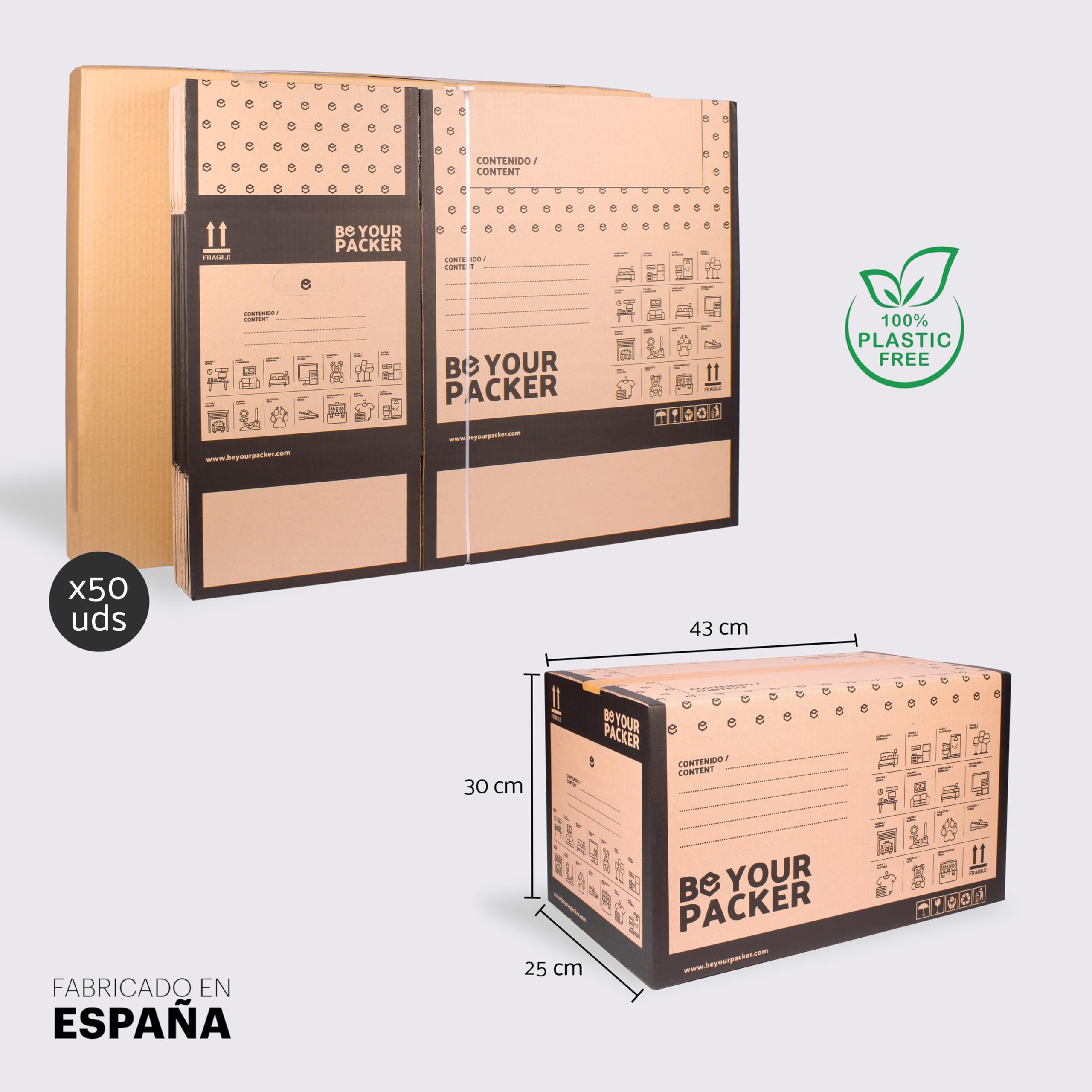 Cajas de Mudanza Pequeñas 43x30x25 cm con Asas, Pack de 50 | Be Your Packer | Cartón resistente fabricado en España. Con asas, ideal para transportar libros, ropa y vajilla. Envío rápido 24h.