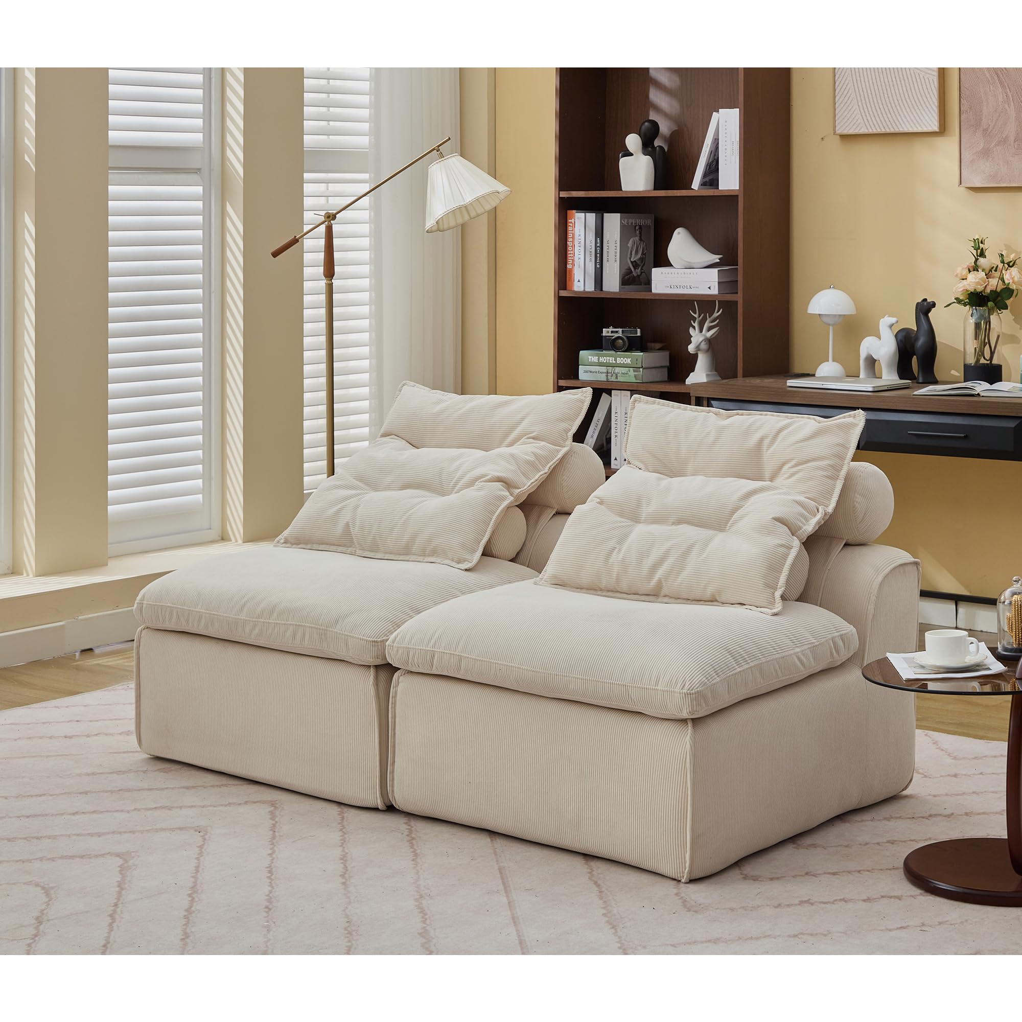 Modular Sofa 2 Seater Soft Corduroy Fabric DIY Design with Lumbar Neck Pillows - Compact Armless Sofa for